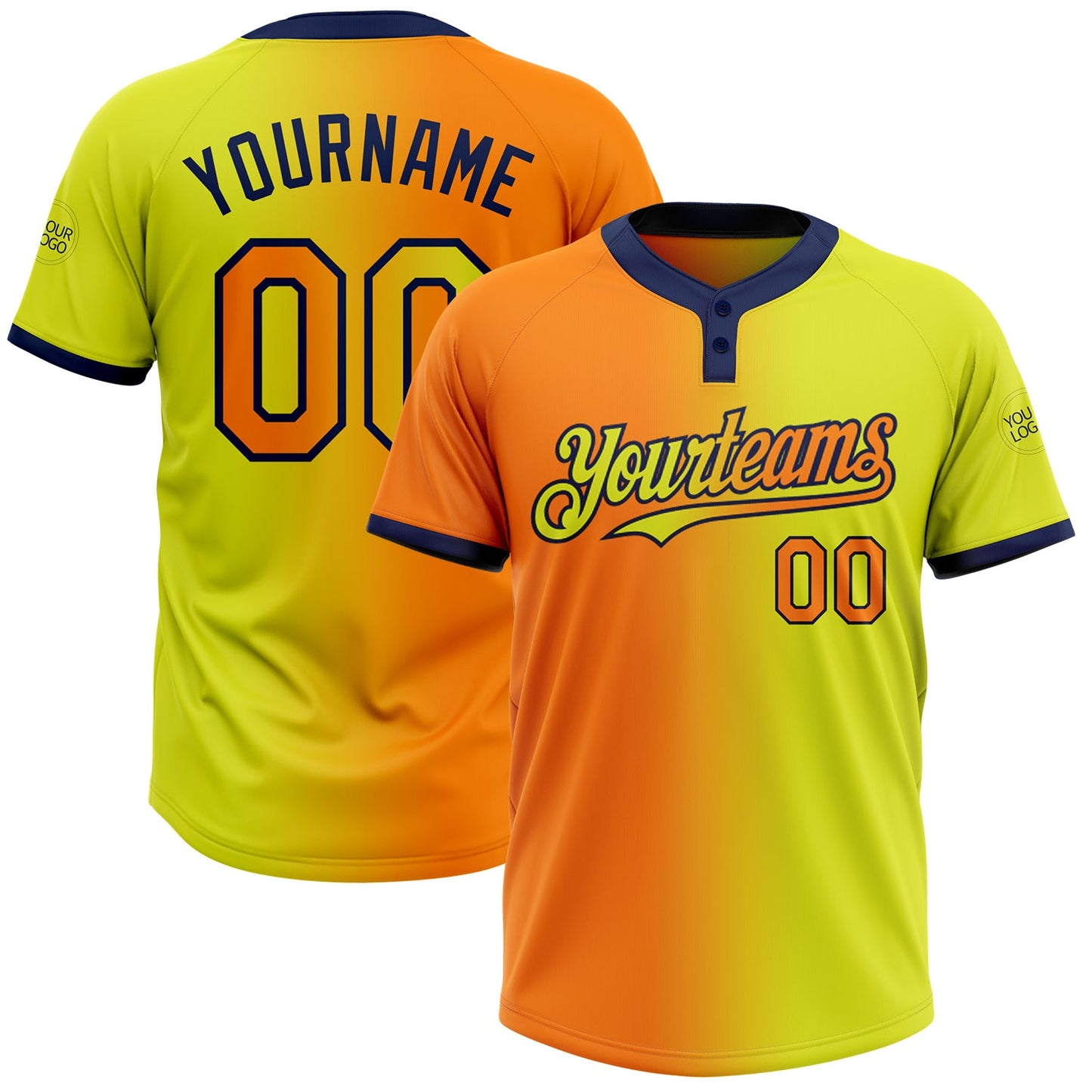 Custom Neon Yellow Bay Orange-Navy Gradient Fashion Two-Button Unisex Softball Jersey - Main View
