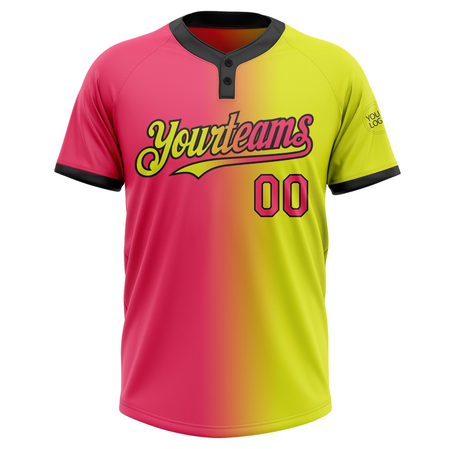Custom Neon Yellow Neon Pink-Black Gradient Fashion Two-Button Unisex Softball Jersey view 2