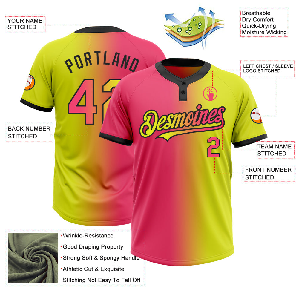 Custom Neon Yellow Neon Pink-Black Gradient Fashion Two-Button Unisex Softball Jersey view 3