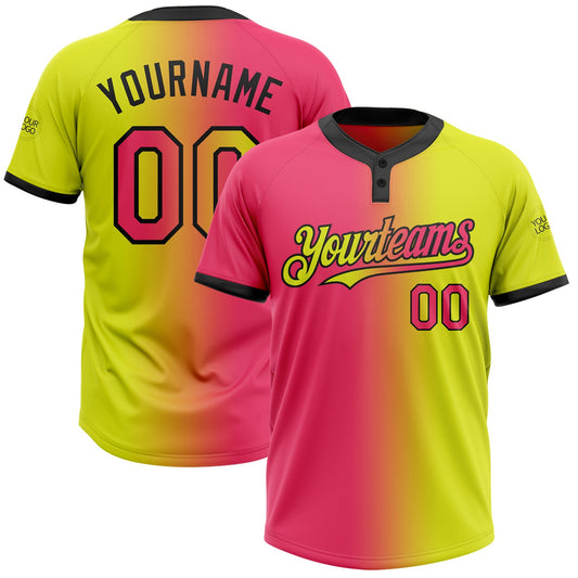 Custom Neon Yellow Neon Pink-Black Gradient Fashion Two-Button Unisex Softball Jersey - Main View