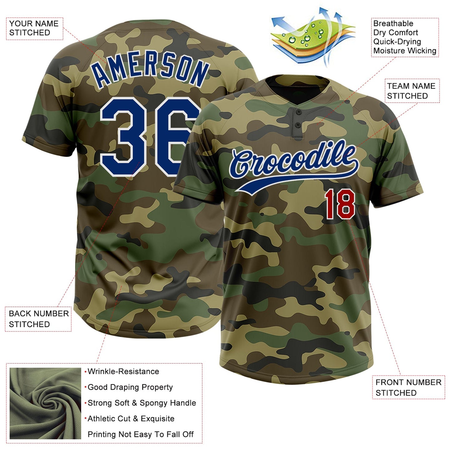 Custom Camo Royal-Red Salute To Service Two-Button Unisex Softball Jersey view 3