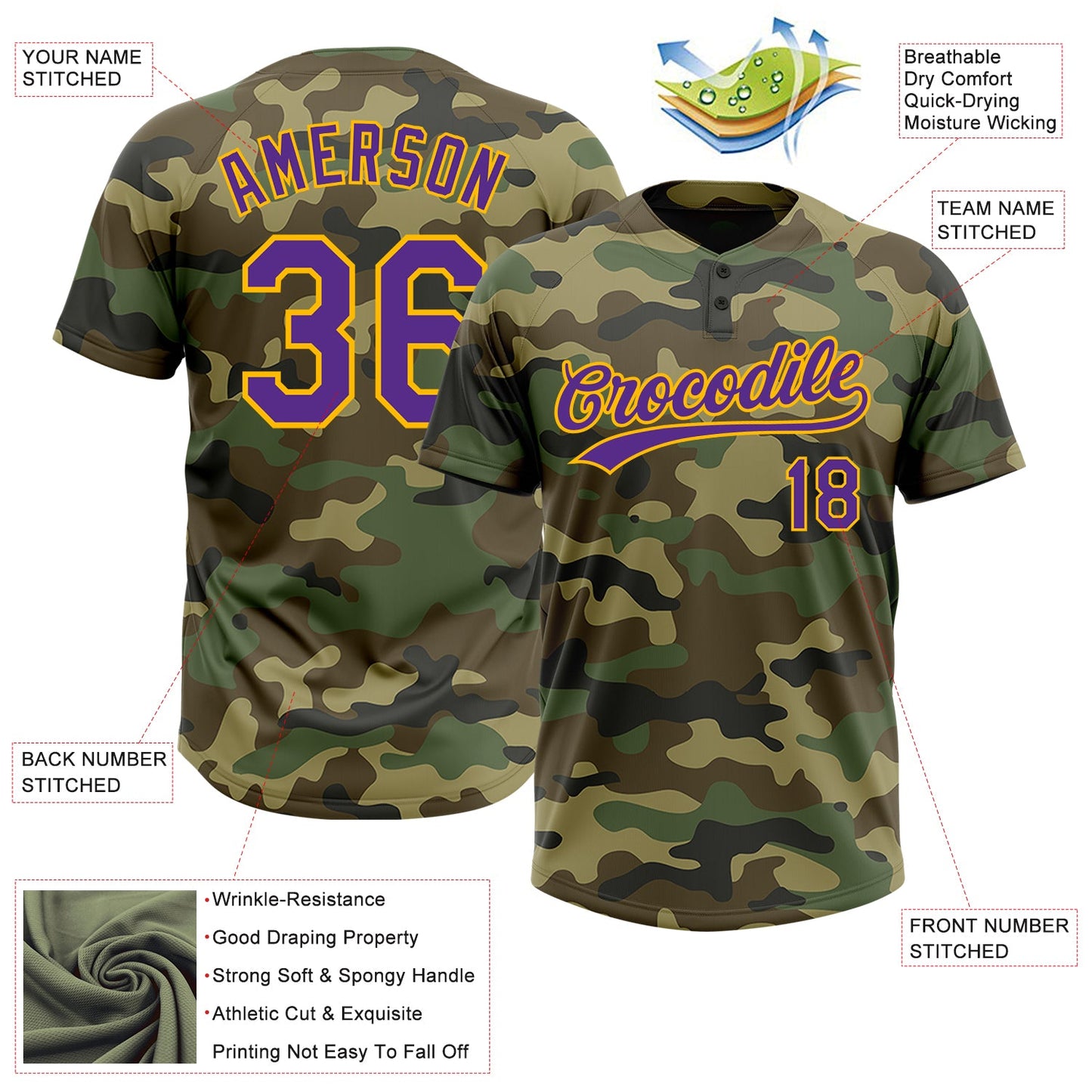 Custom Camo Purple-Gold Salute To Service Two-Button Unisex Softball Jersey view 3