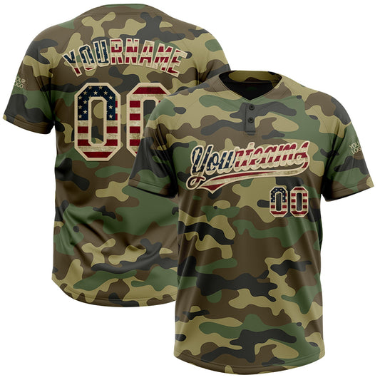Custom Camo Vintage USA Flag-Cream Salute To Service Two-Button Unisex Softball Jersey - Main View