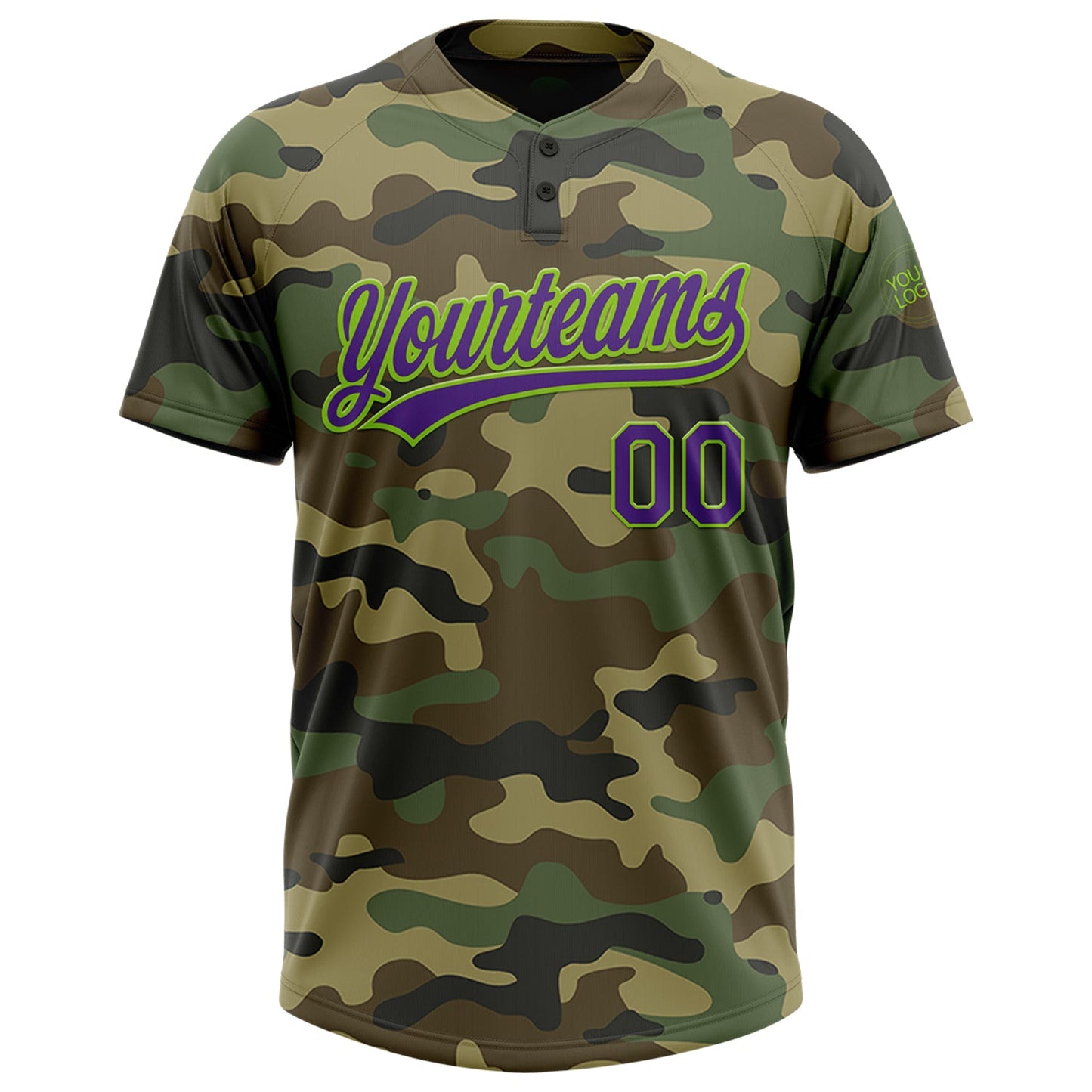 Custom Camo Purple-Neon Green Salute To Service Two-Button Unisex Softball Jersey view 2