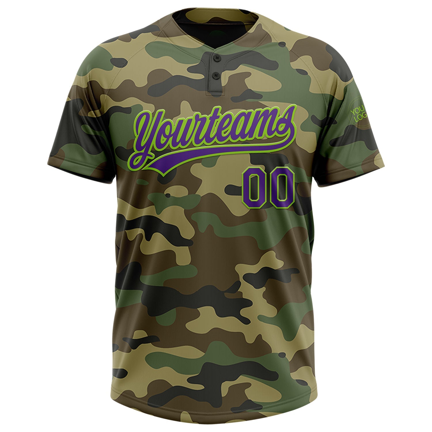 Custom Camo Purple-Neon Green Salute To Service Two-Button Unisex Softball Jersey view 2