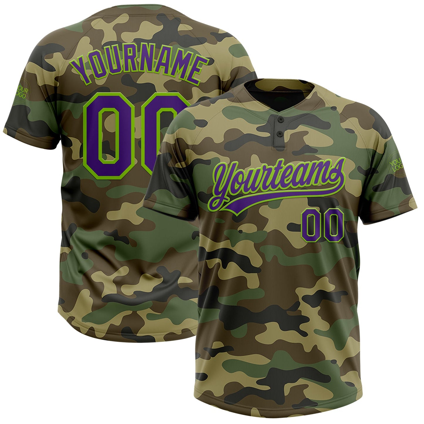 Custom Camo Purple-Neon Green Salute To Service Two-Button Unisex Softball Jersey - Main View