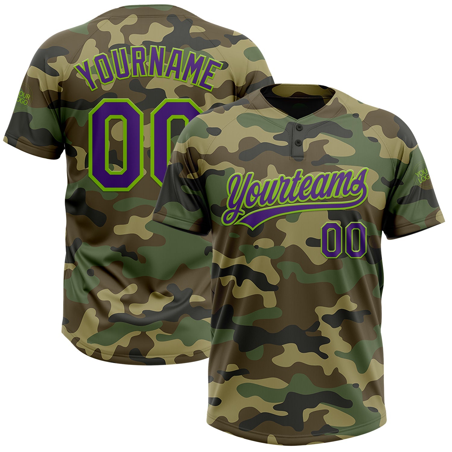 Custom Camo Purple-Neon Green Salute To Service Two-Button Unisex Softball Jersey - Main View