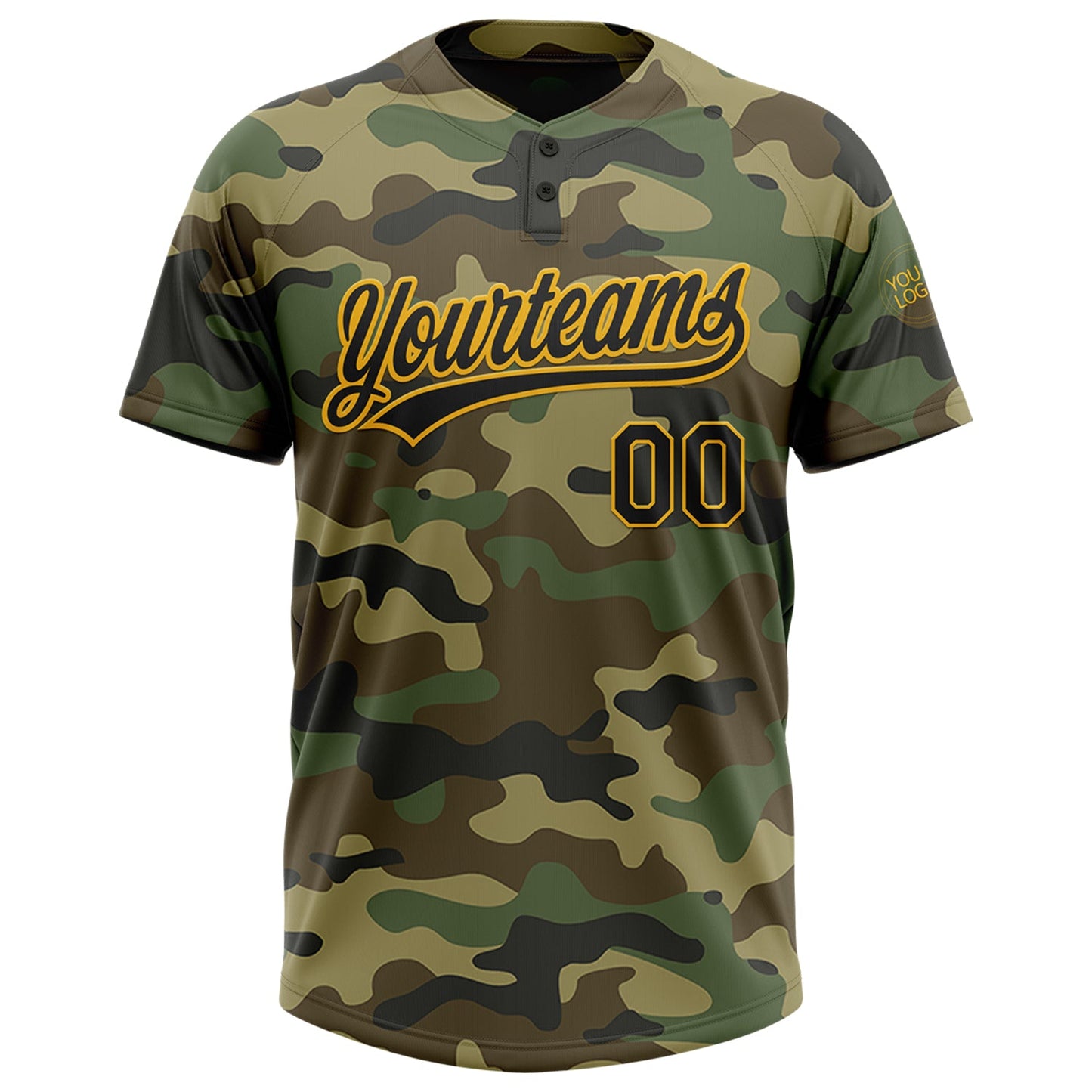Custom Camo Black-Gold Salute To Service Two-Button Unisex Softball Jersey view 2