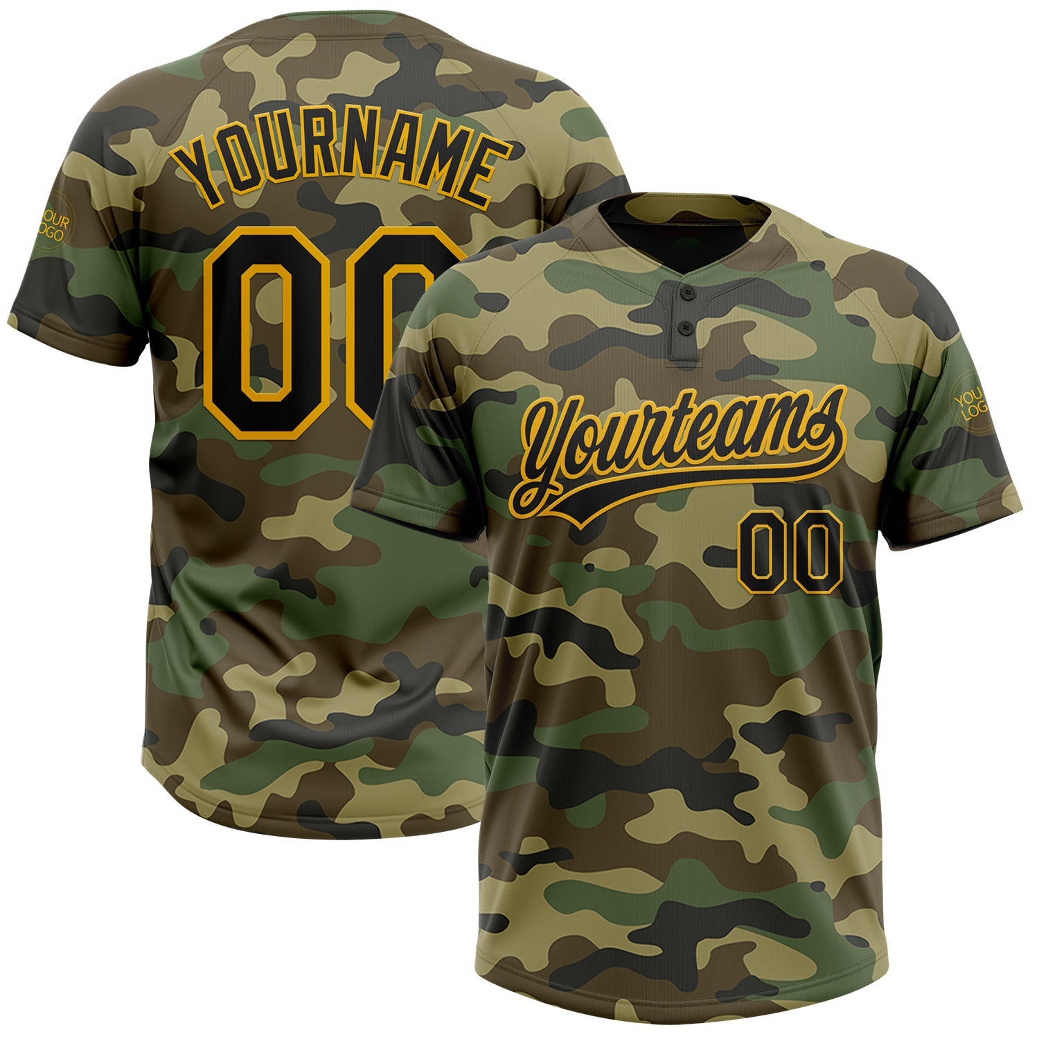 Custom Camo Black-Gold Salute To Service Two-Button Unisex Softball Jersey - Main View