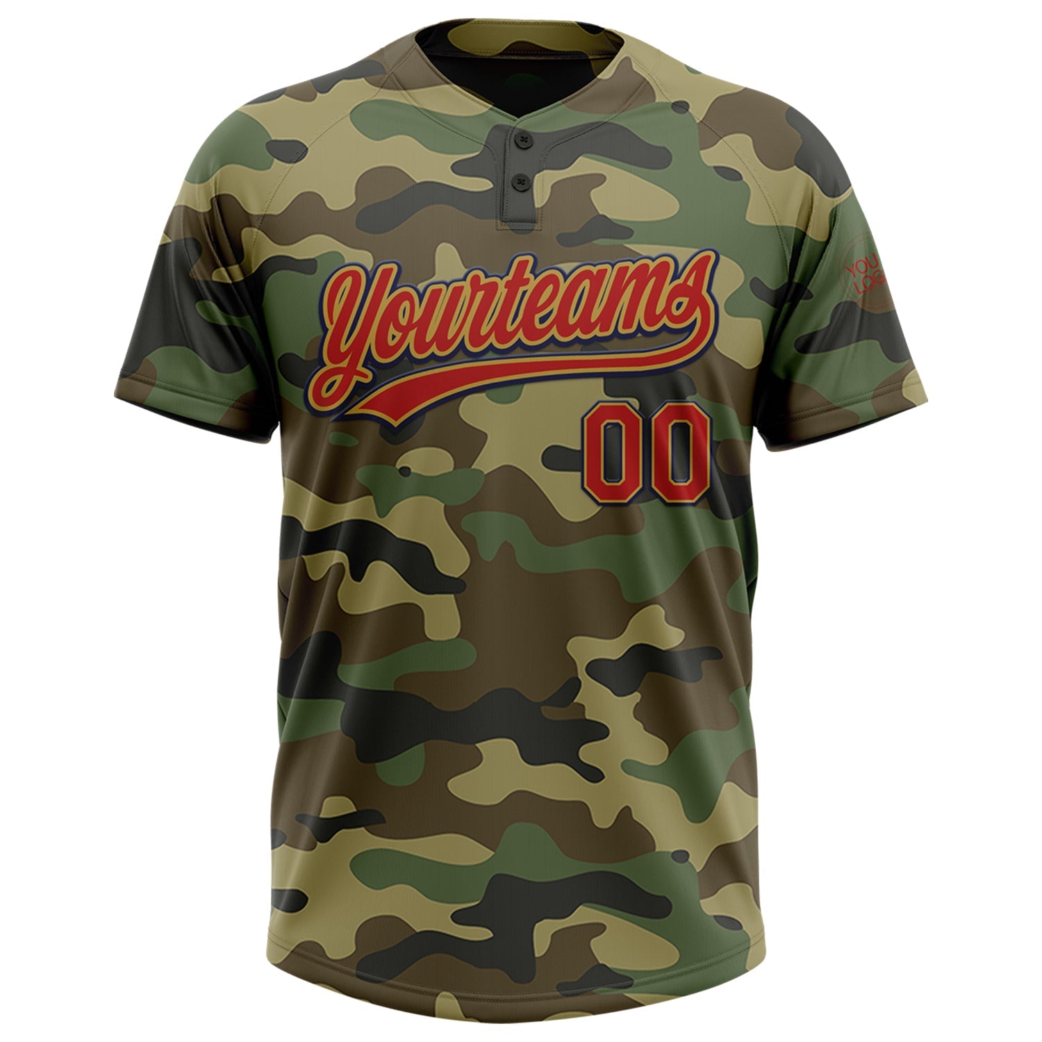 Custom Camo Red Old Gold-Navy Salute To Service Two-Button Unisex Softball Jersey view 2