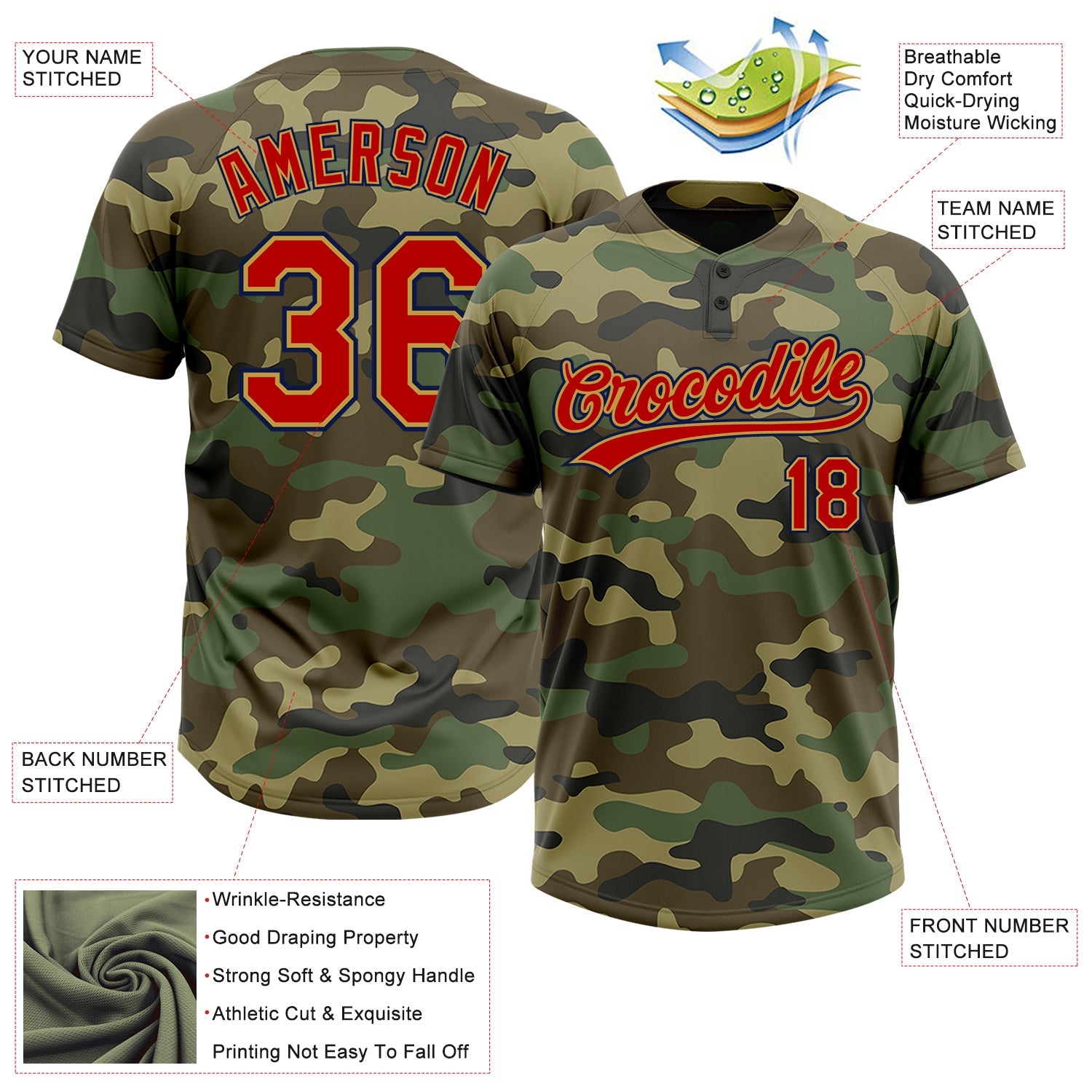 Custom Camo Red Old Gold-Navy Salute To Service Two-Button Unisex Softball Jersey view 3