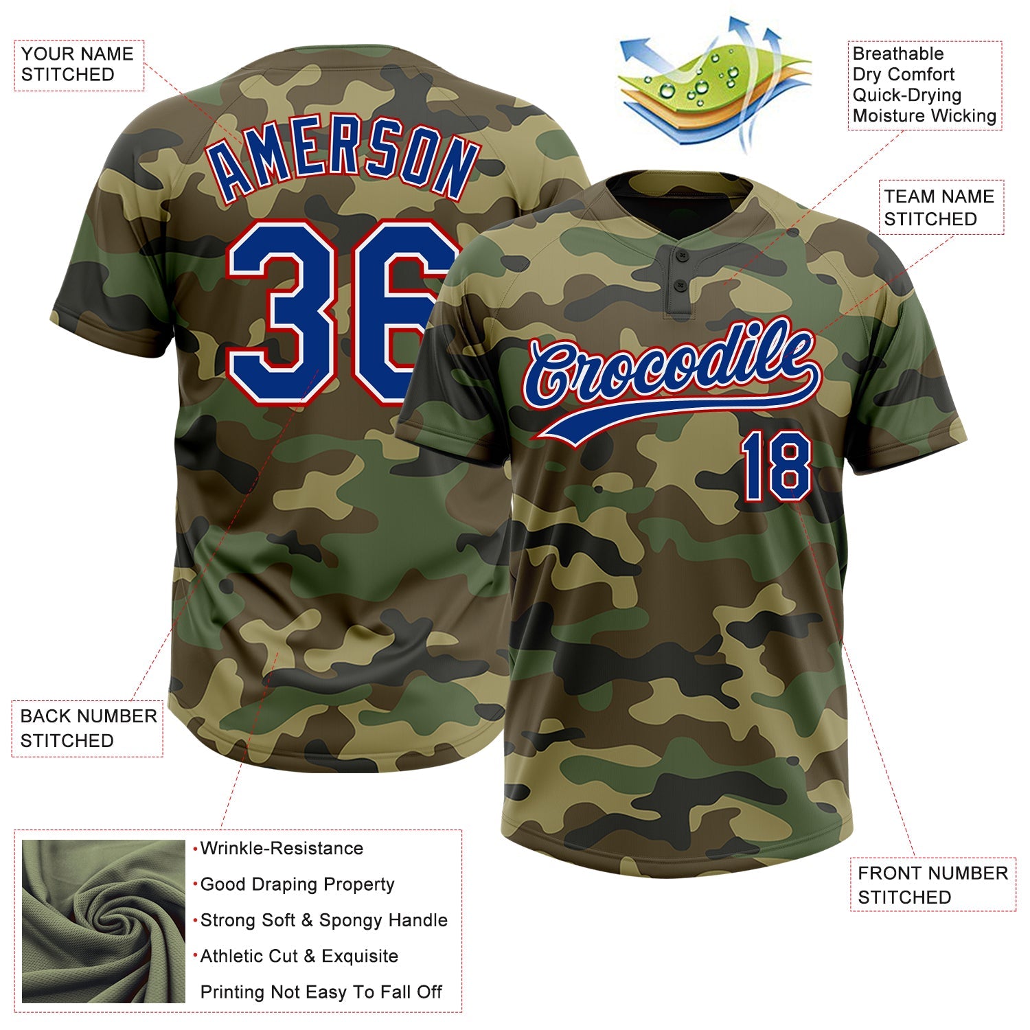Custom Camo Royal-Red Salute To Service Two-Button Unisex Softball Jersey view 3