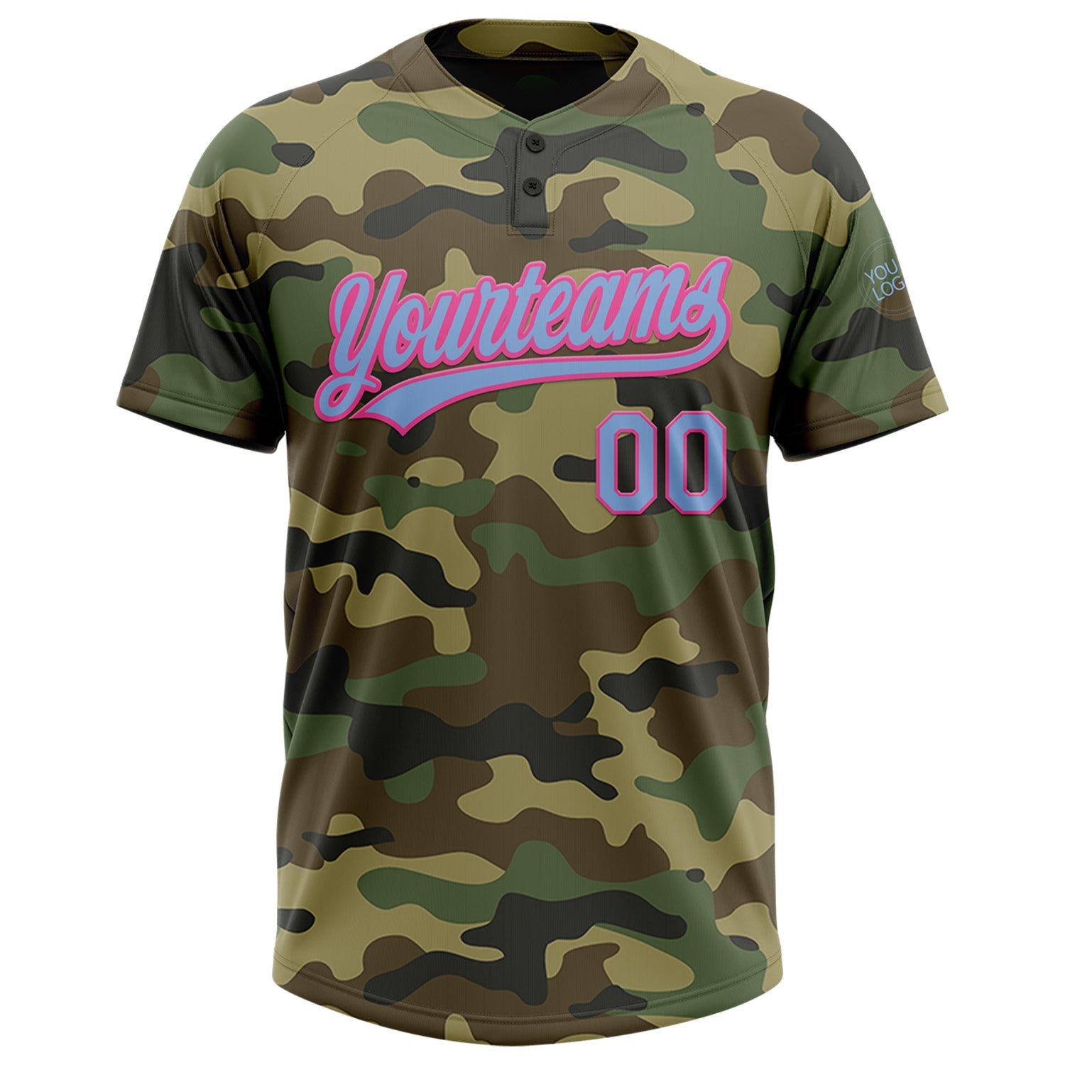 Custom Camo Light Blue-Pink Salute To Service Two-Button Unisex Softball Jersey view 2