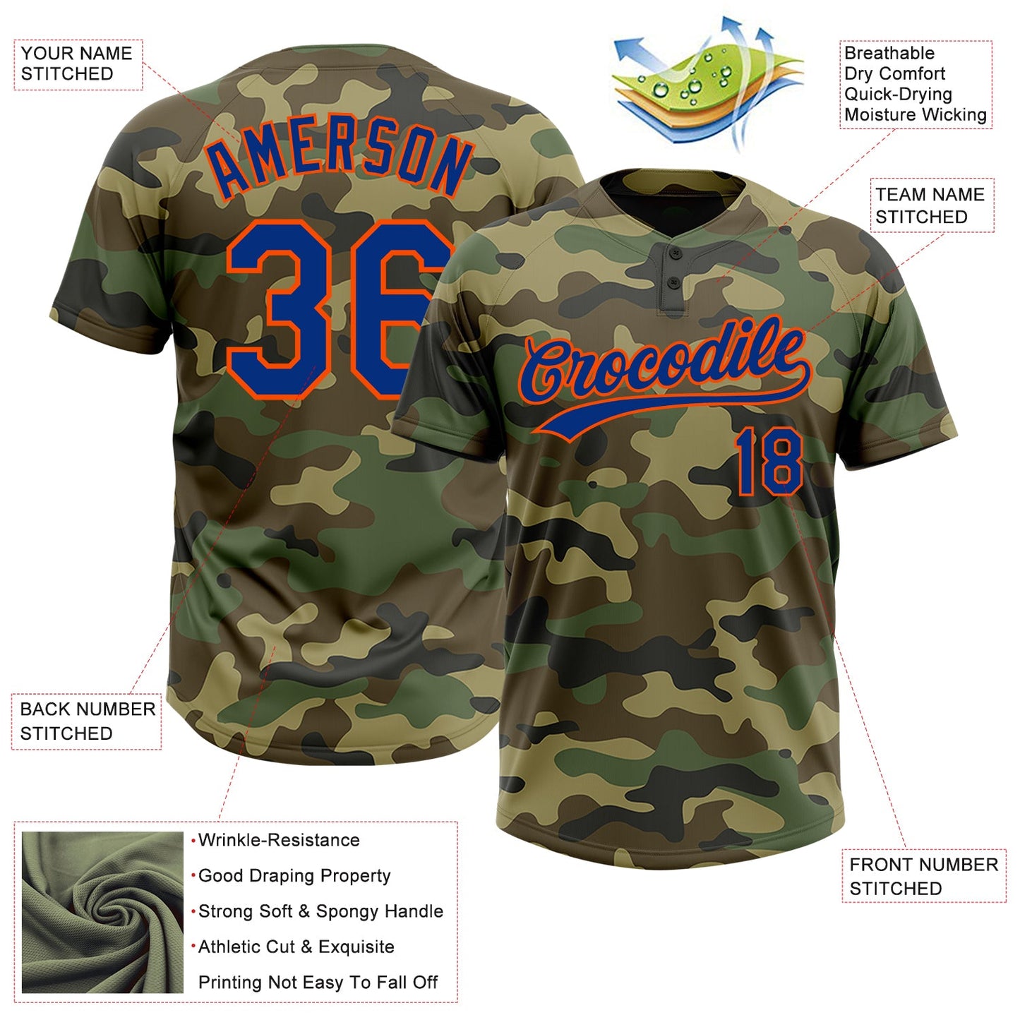 Custom Camo Royal-Orange Salute To Service Two-Button Unisex Softball Jersey view 3