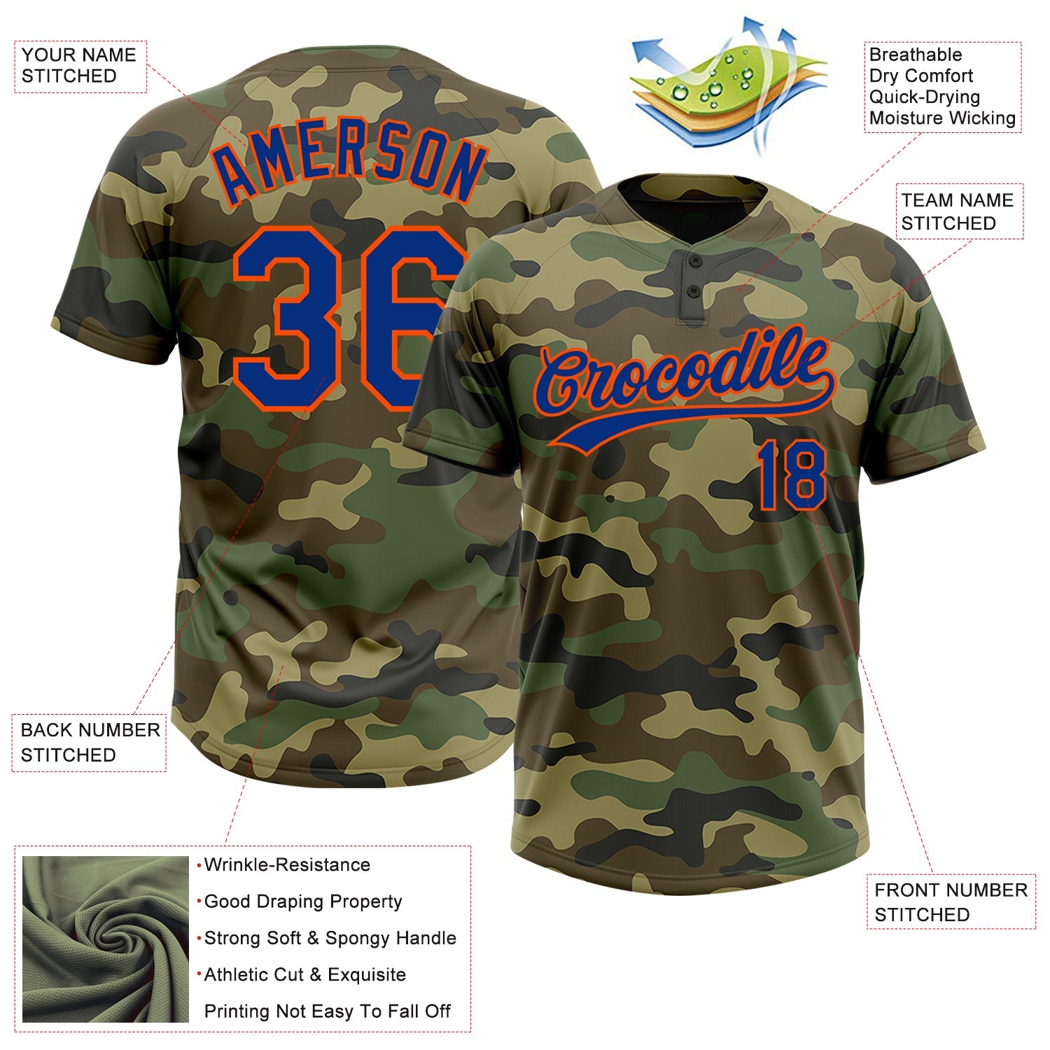 Custom Camo Royal-Orange Salute To Service Two-Button Unisex Softball Jersey view 3