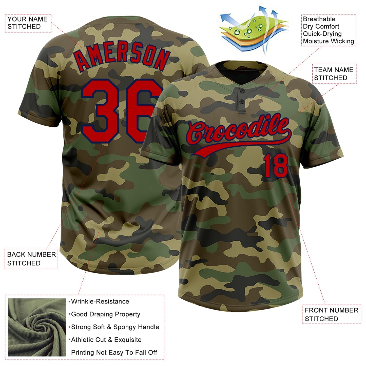 Custom Camo Red-Navy Salute To Service Two-Button Unisex Softball Jersey view 3
