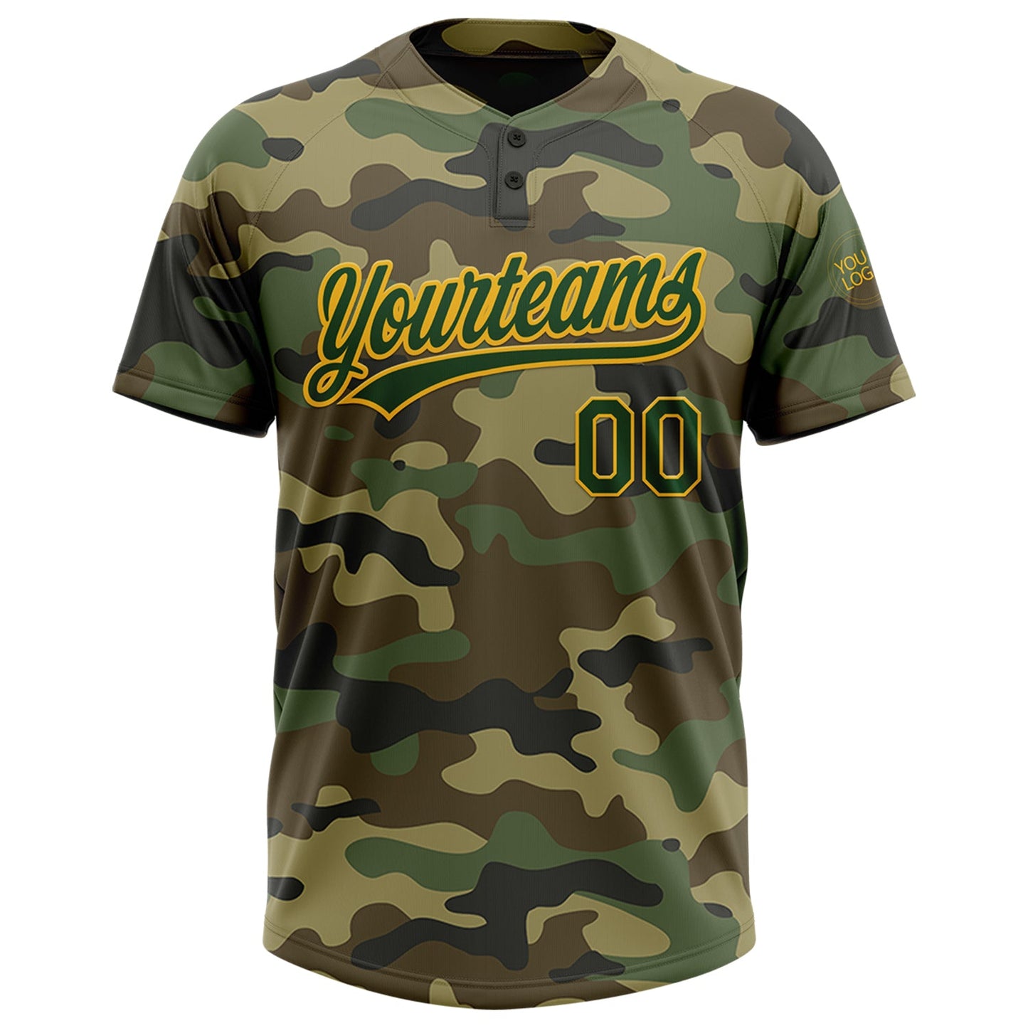 Custom Camo Green-Gold Salute To Service Two-Button Unisex Softball Jersey view 2