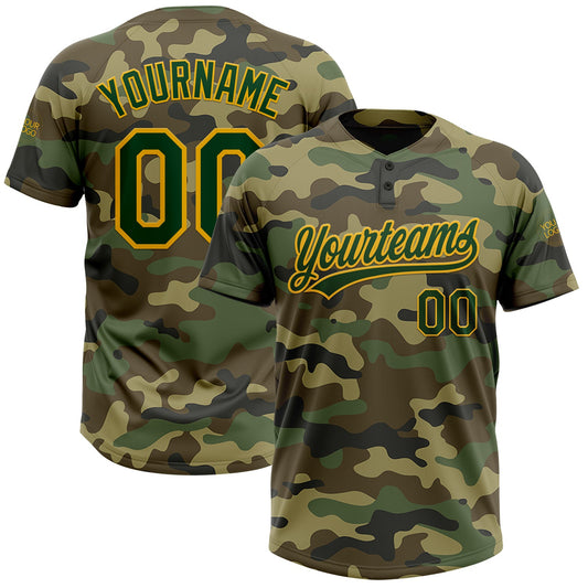 Custom Camo Green-Gold Salute To Service Two-Button Unisex Softball Jersey - Main View