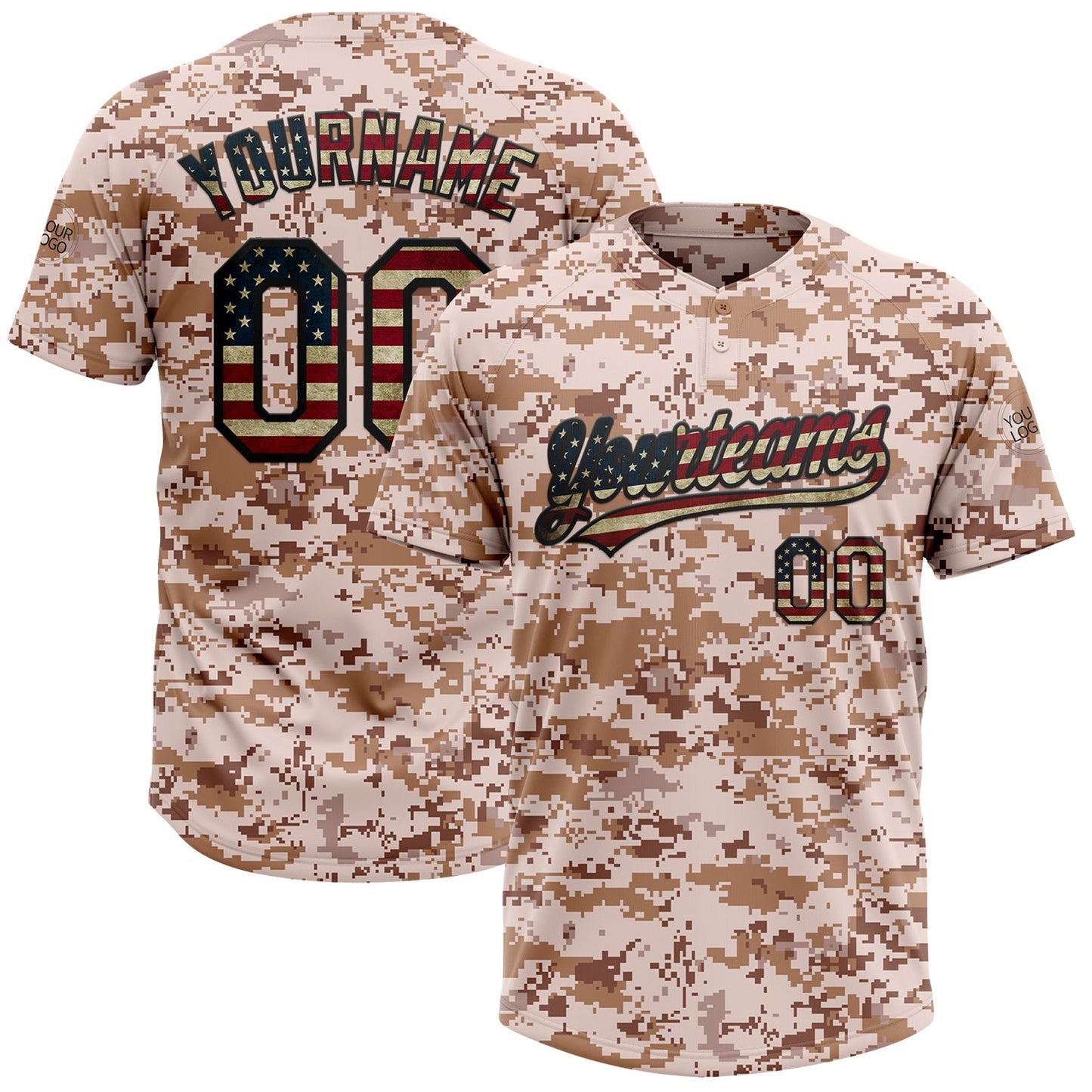 Custom Camo Vintage USA Flag-Black Salute To Service Two-Button Unisex Softball Jersey - Main View