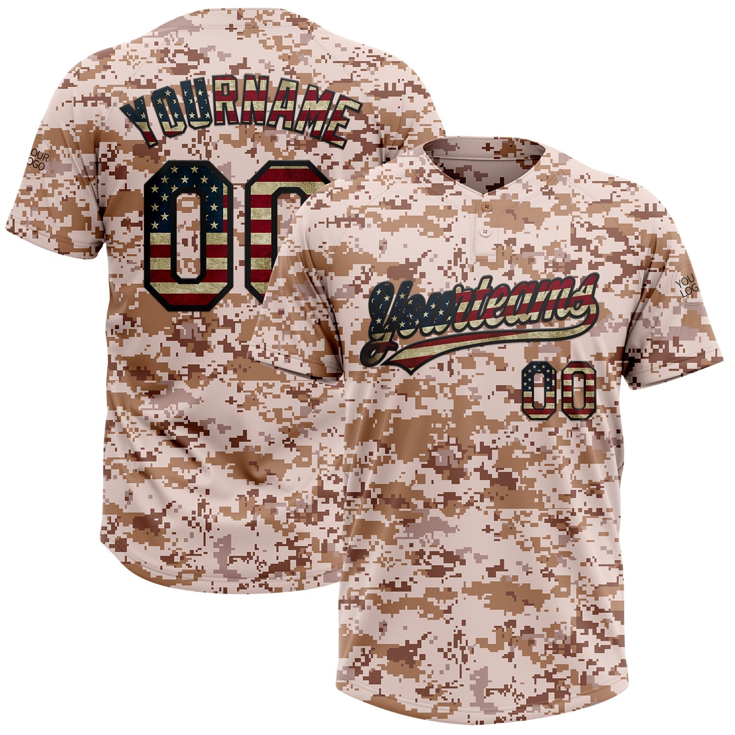 Custom Camo Vintage USA Flag-Black Salute To Service Two-Button Unisex Softball Jersey - Main View