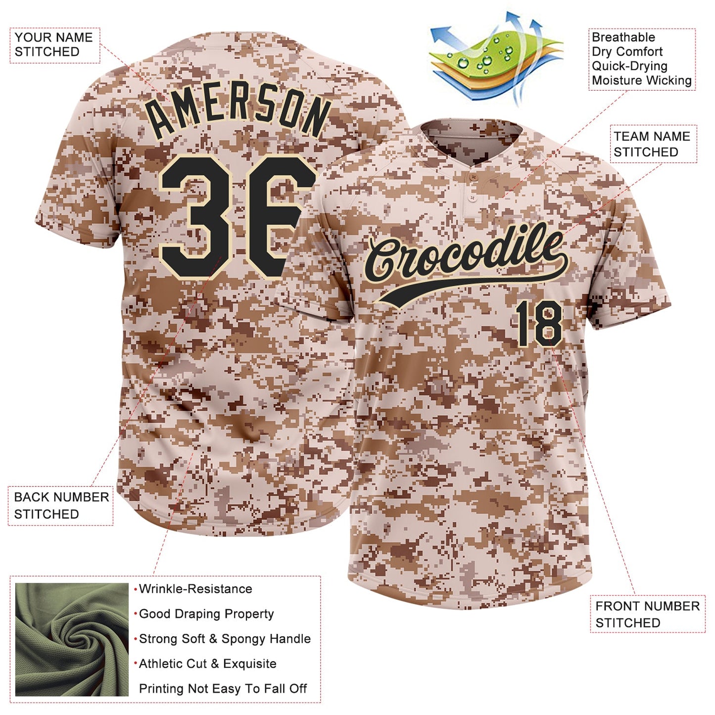 Custom Camo Black-Cream Salute To Service Two-Button Unisex Softball Jersey view 3