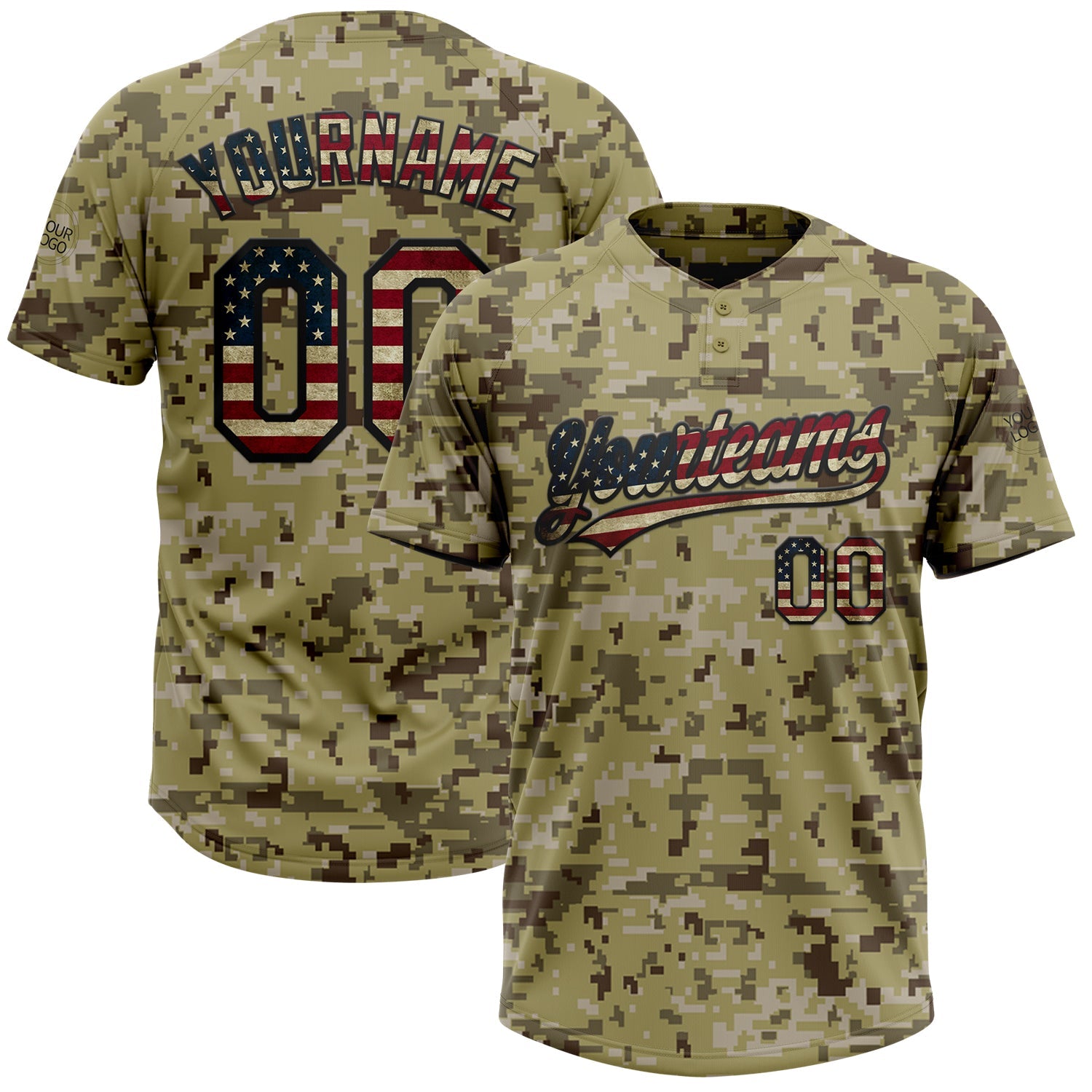 Custom Camo Vintage USA Flag-Black Salute To Service Two-Button Unisex Softball Jersey - Main View