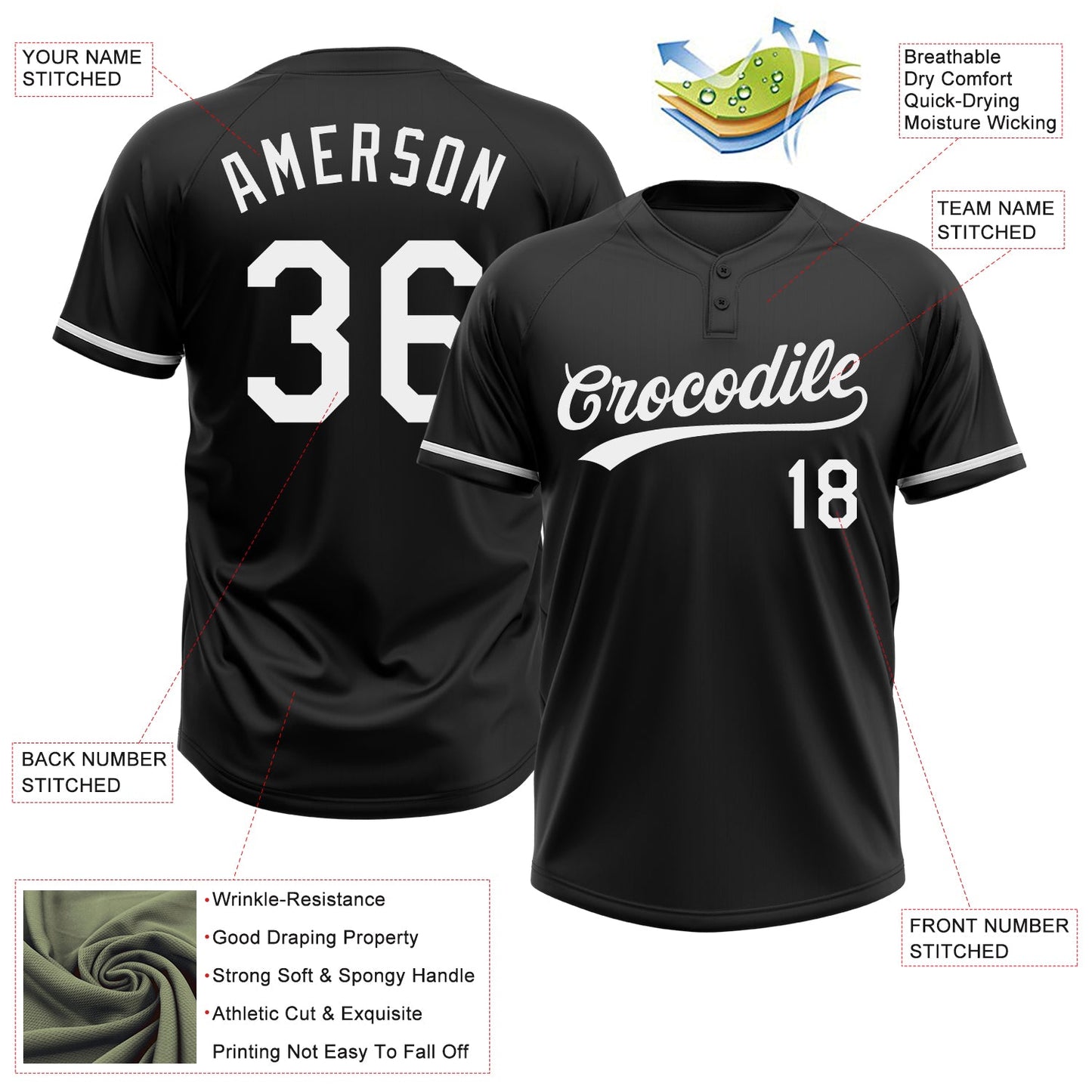 Custom Black White Two-Button Unisex Softball Jersey view 3