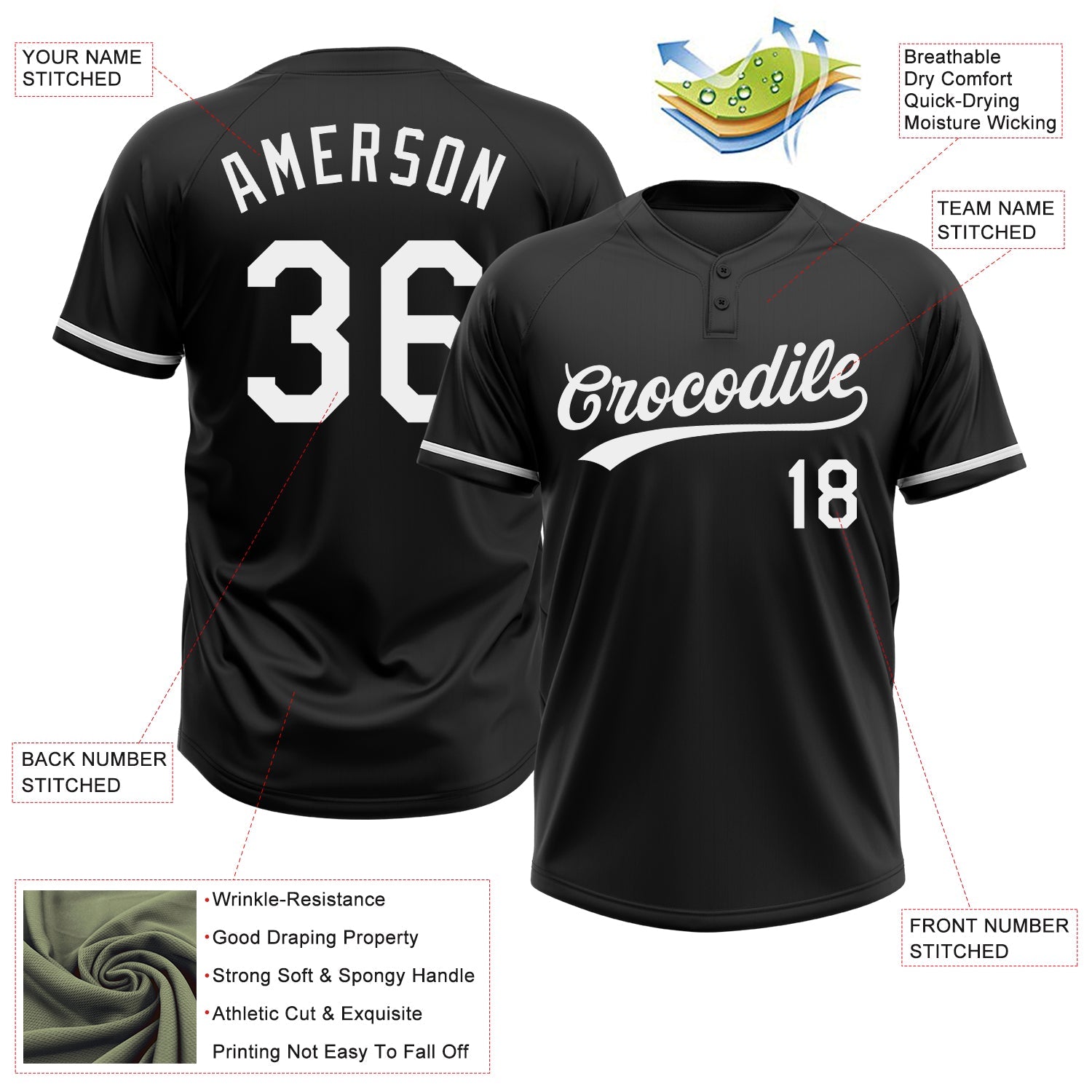 Custom Black White Two-Button Unisex Softball Jersey view 3