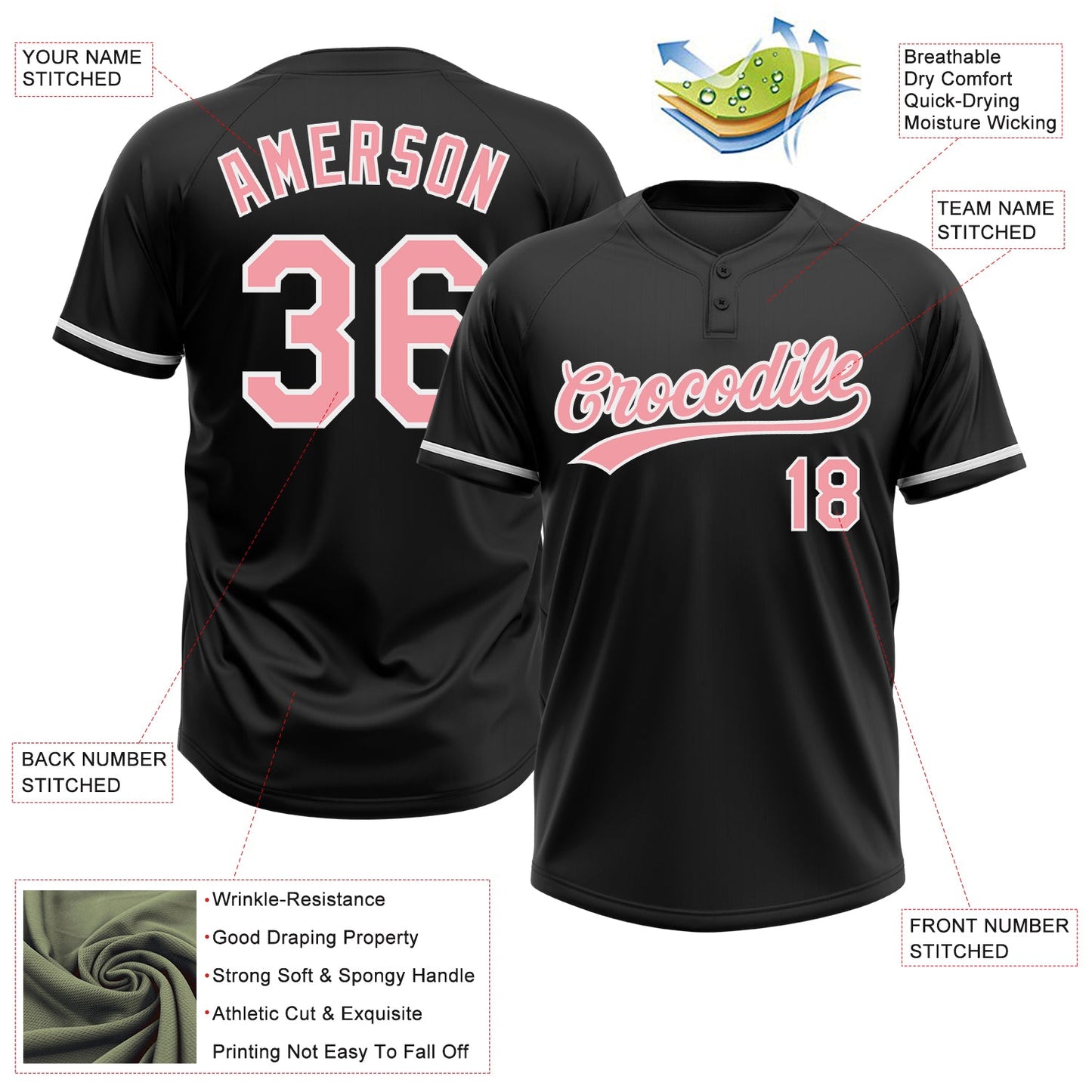 Custom Black Medium Pink-White Two-Button Unisex Softball Jersey view 3