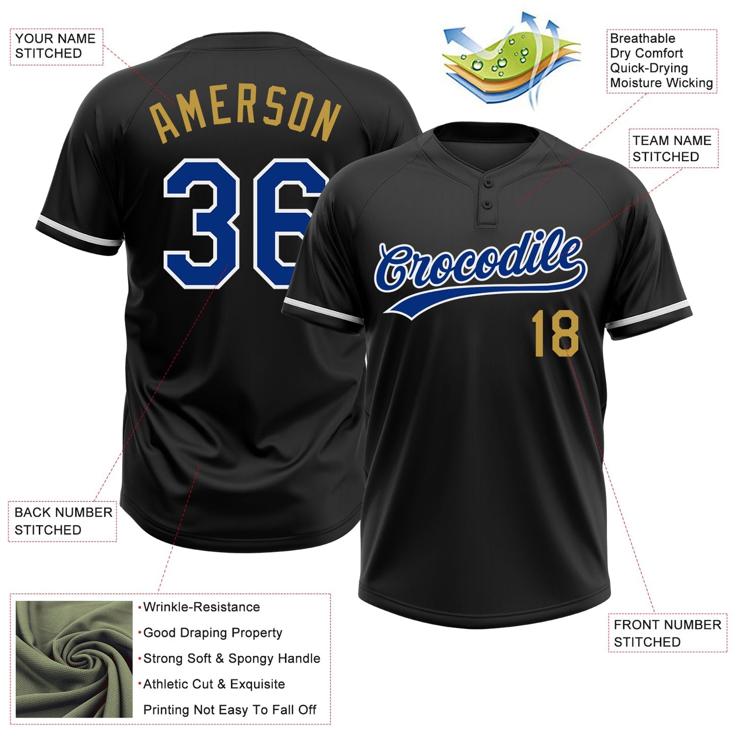 Custom Black Royal-Old Gold Two-Button Unisex Softball Jersey view 3