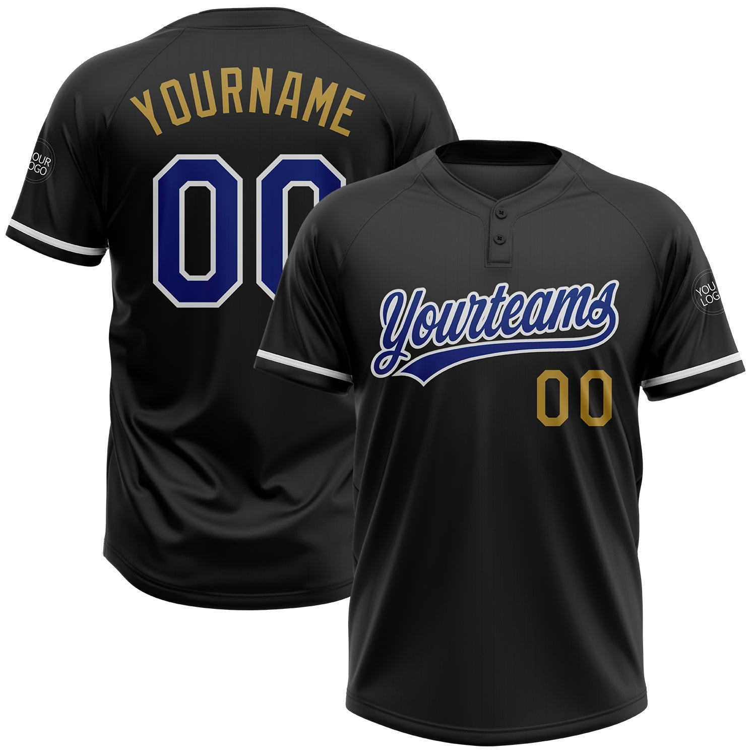 Custom Black Royal-Old Gold Two-Button Unisex Softball Jersey - Main View