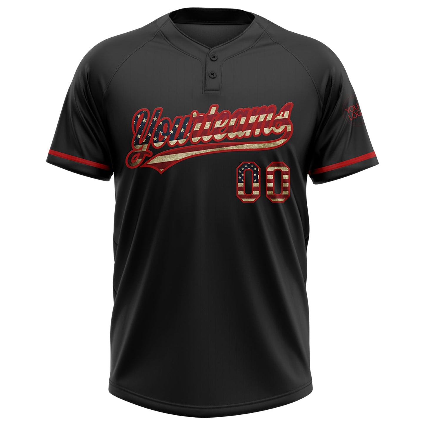 Custom Black Vintage USA Flag-Red Two-Button Unisex Softball Jersey view 2