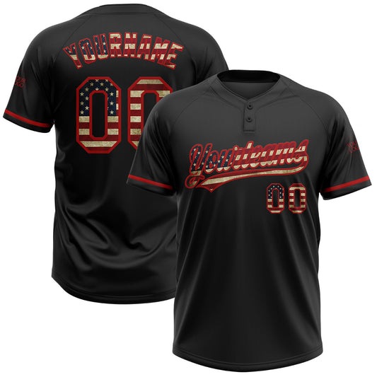 Custom Black Vintage USA Flag-Red Two-Button Unisex Softball Jersey - Main View