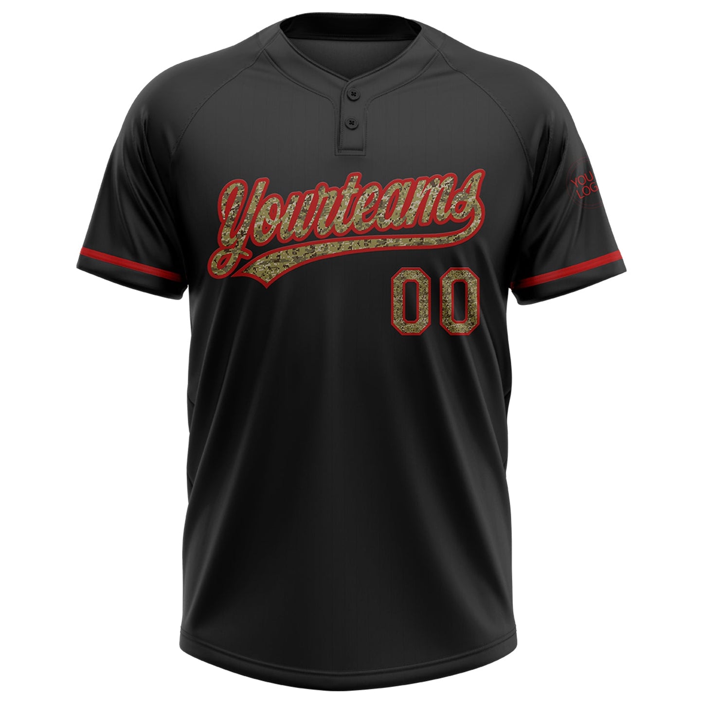 Custom Black Camo-Red Two-Button Unisex Softball Jersey view 2