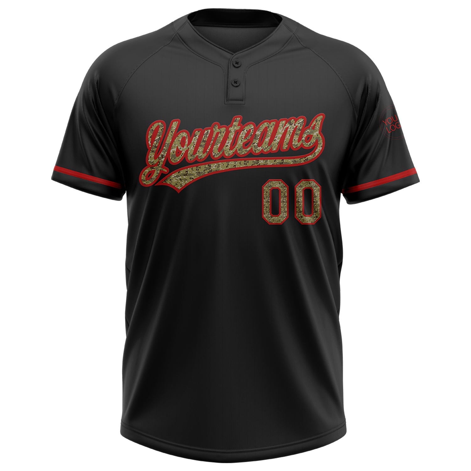Custom Black Camo-Red Two-Button Unisex Softball Jersey view 2