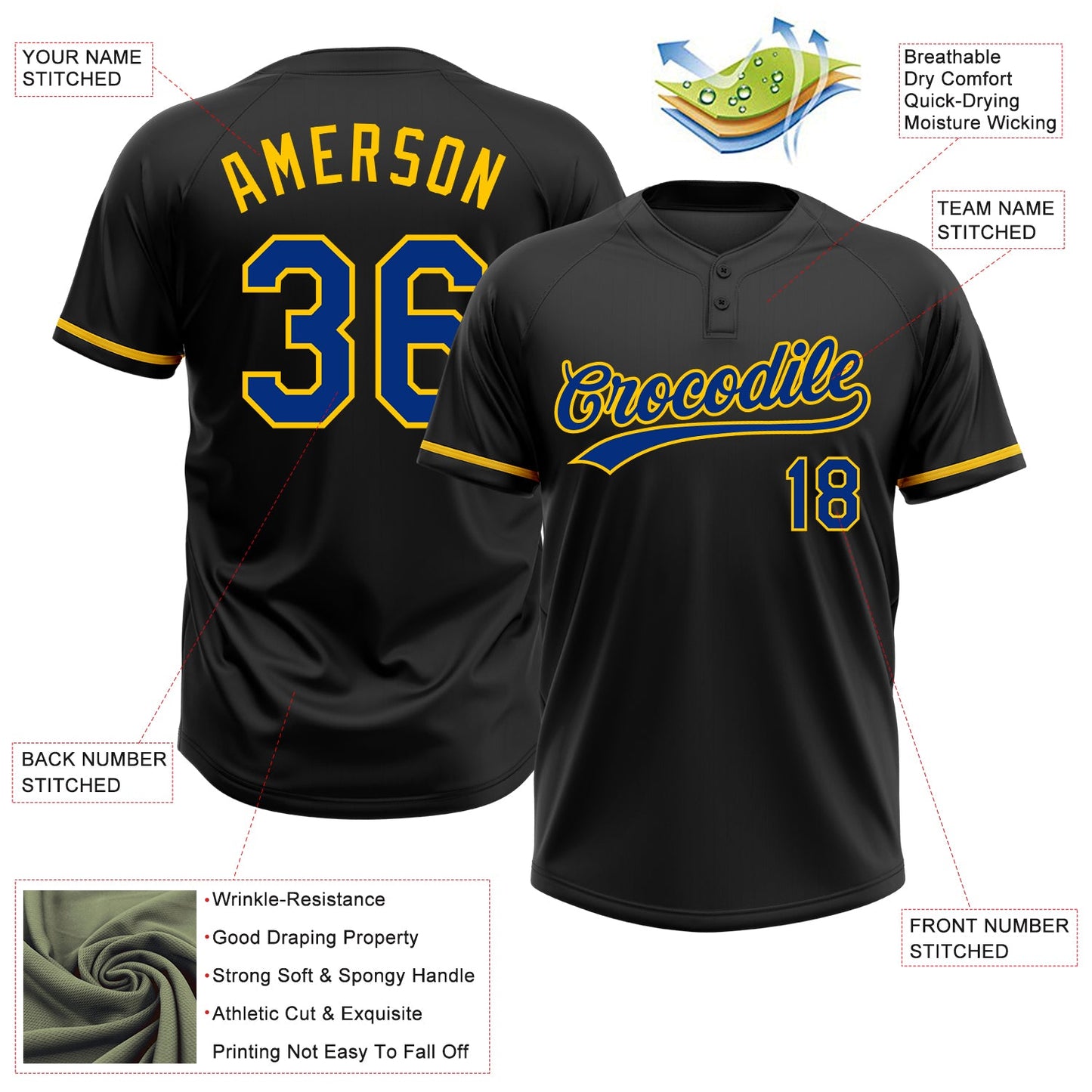 Custom Black Royal-Yellow Two-Button Unisex Softball Jersey view 3