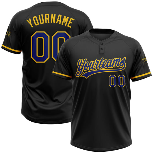 Custom Black Royal-Yellow Two-Button Unisex Softball Jersey - Main View