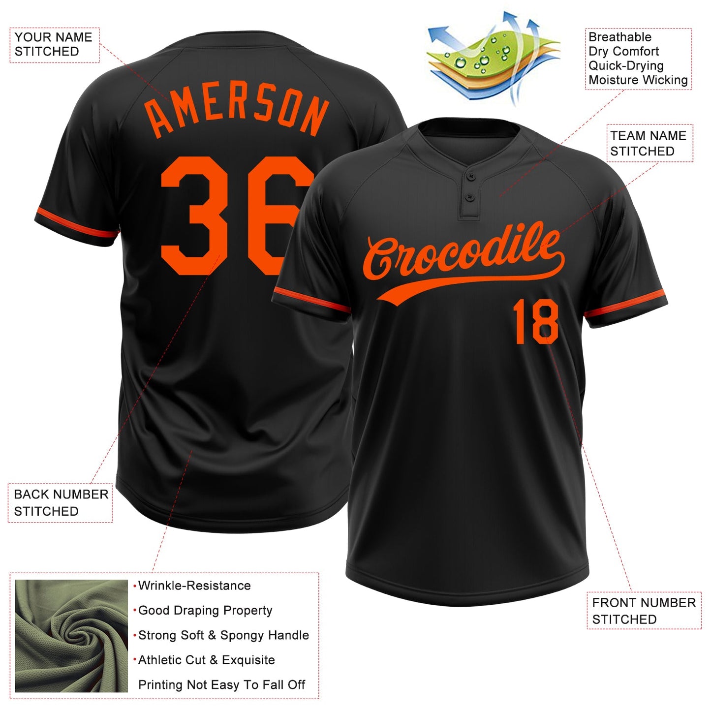 Custom Black Orange Two-Button Unisex Softball Jersey view 3