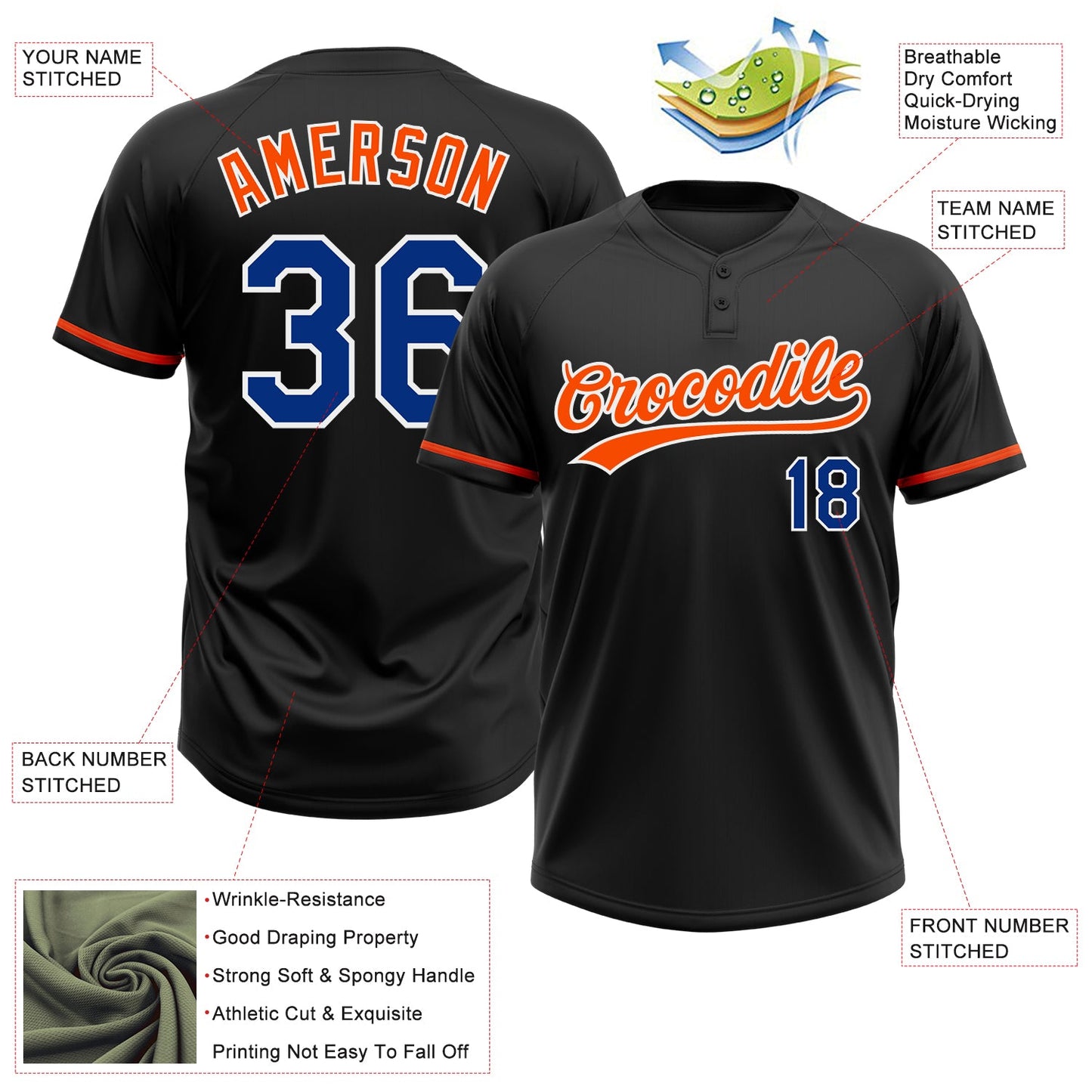 Custom Black Royal-Orange Two-Button Unisex Softball Jersey view 3