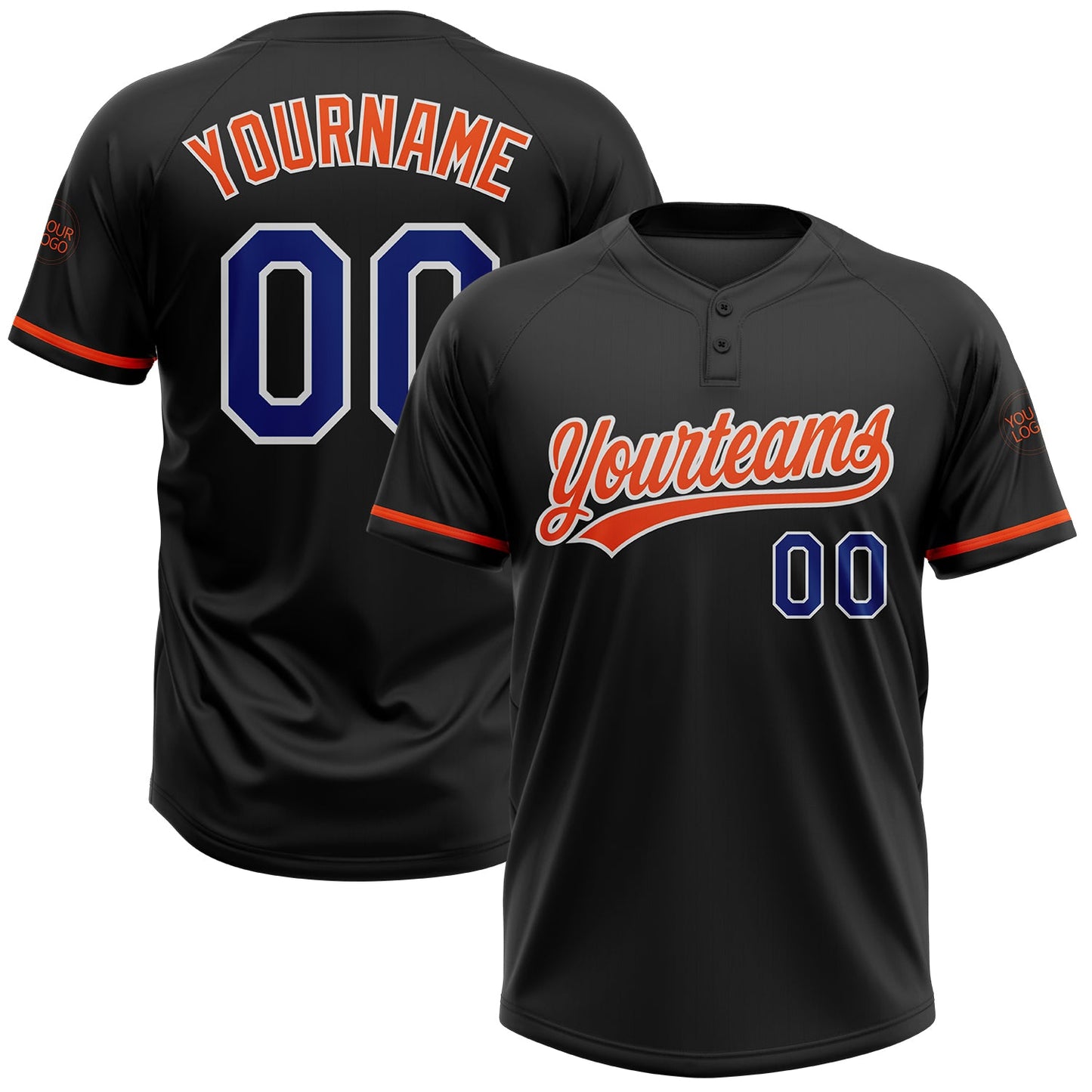 Custom Black Royal-Orange Two-Button Unisex Softball Jersey - Main View