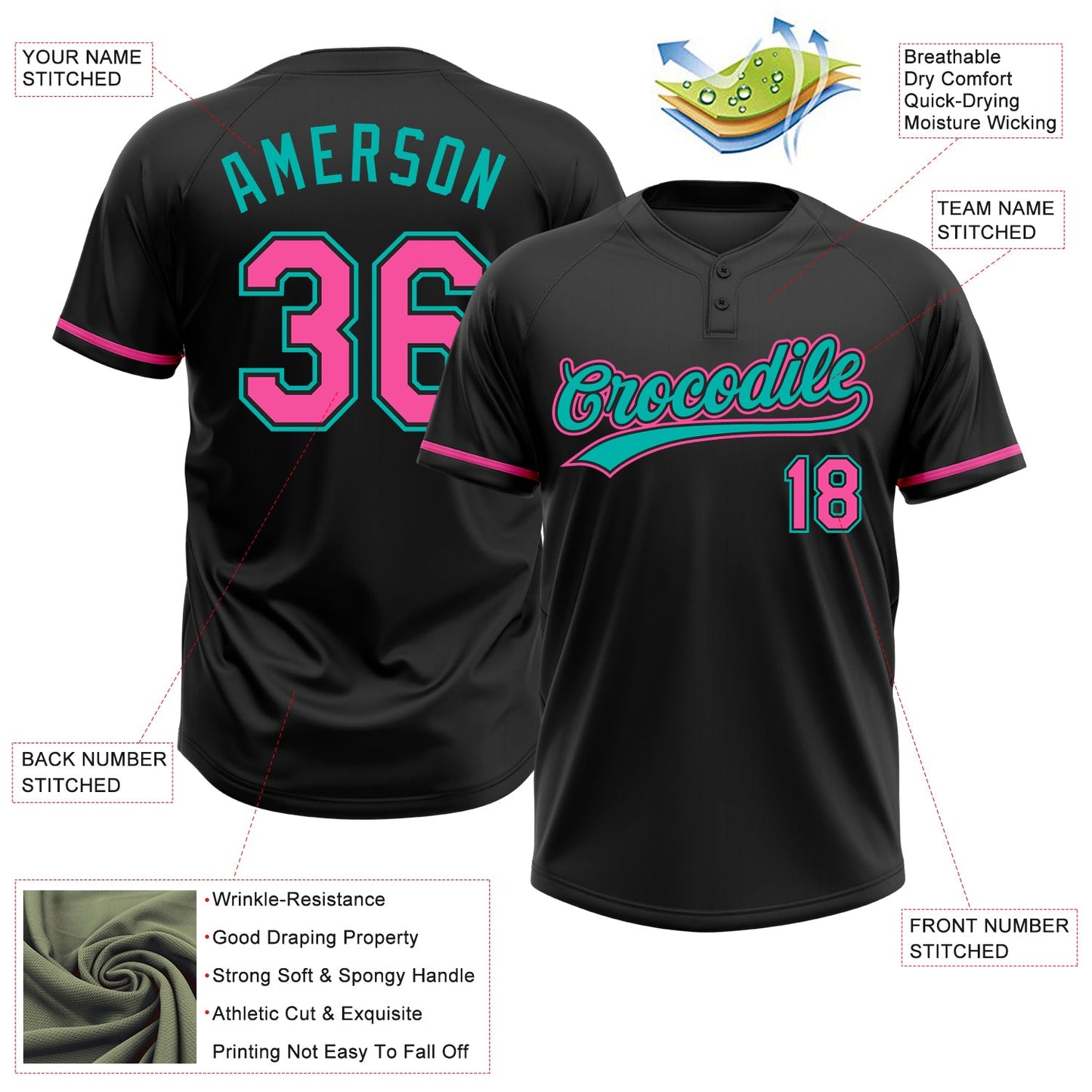 Custom Black Pink-Aqua Two-Button Unisex Softball Jersey view 3