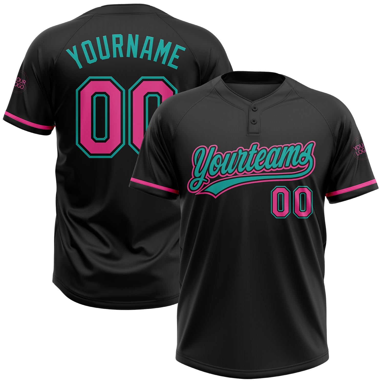 Custom Black Pink-Aqua Two-Button Unisex Softball Jersey - Main View