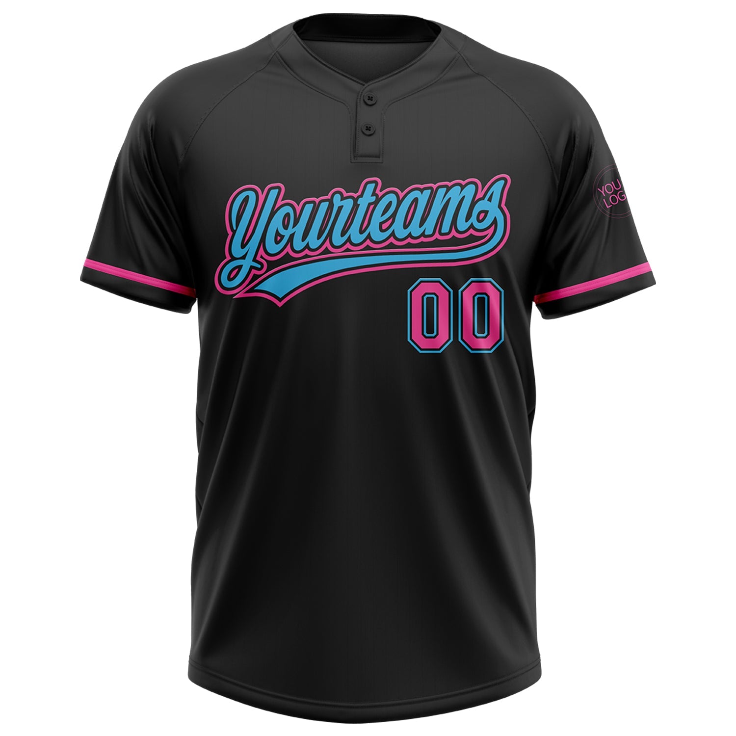 Custom Black Pink-Sky Blue Two-Button Unisex Softball Jersey view 2