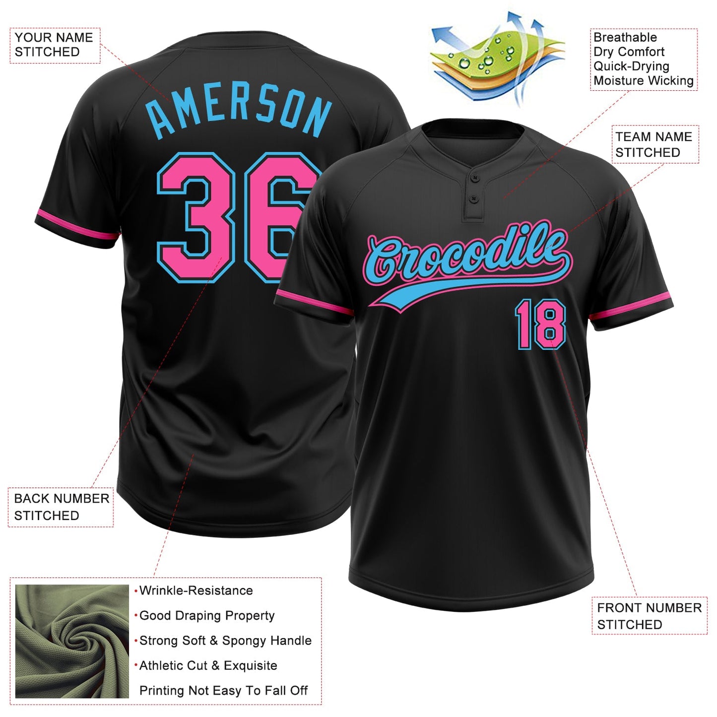 Custom Black Pink-Sky Blue Two-Button Unisex Softball Jersey view 3