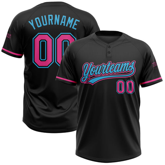 Custom Black Pink-Sky Blue Two-Button Unisex Softball Jersey - Main View