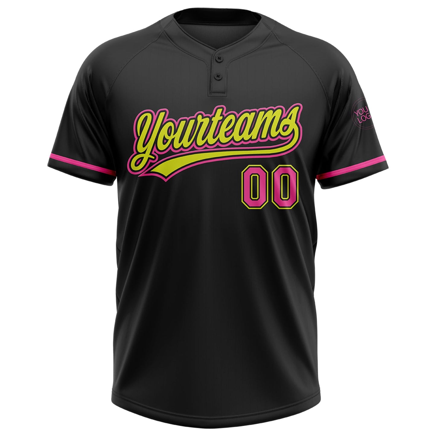 Custom Black Pink-Neon Yellow Two-Button Unisex Softball Jersey view 2
