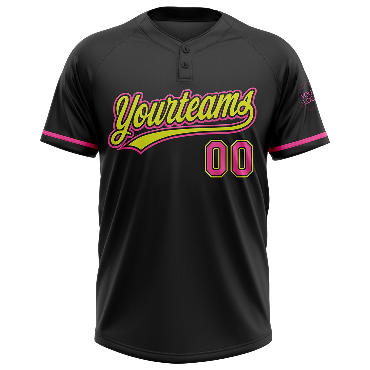 Custom Black Pink-Neon Yellow Two-Button Unisex Softball Jersey view 2
