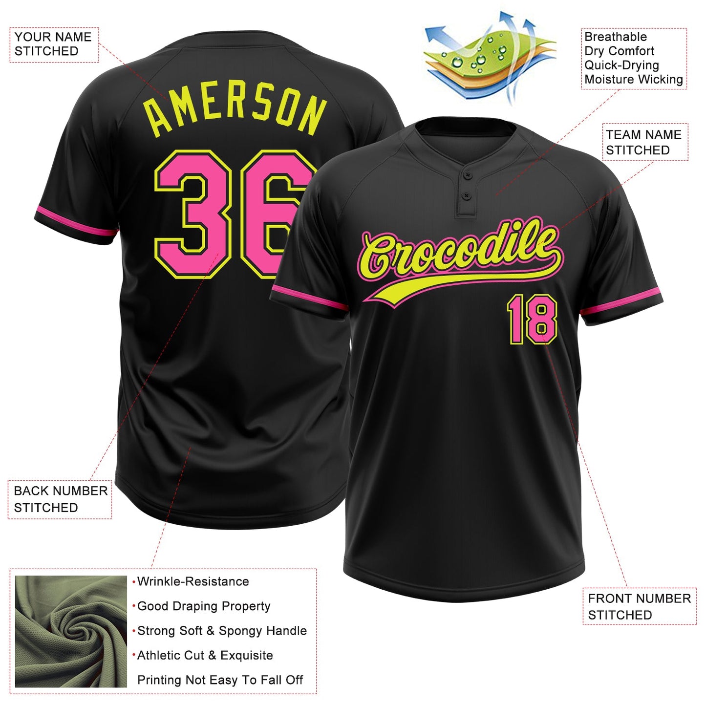Custom Black Pink-Neon Yellow Two-Button Unisex Softball Jersey view 3