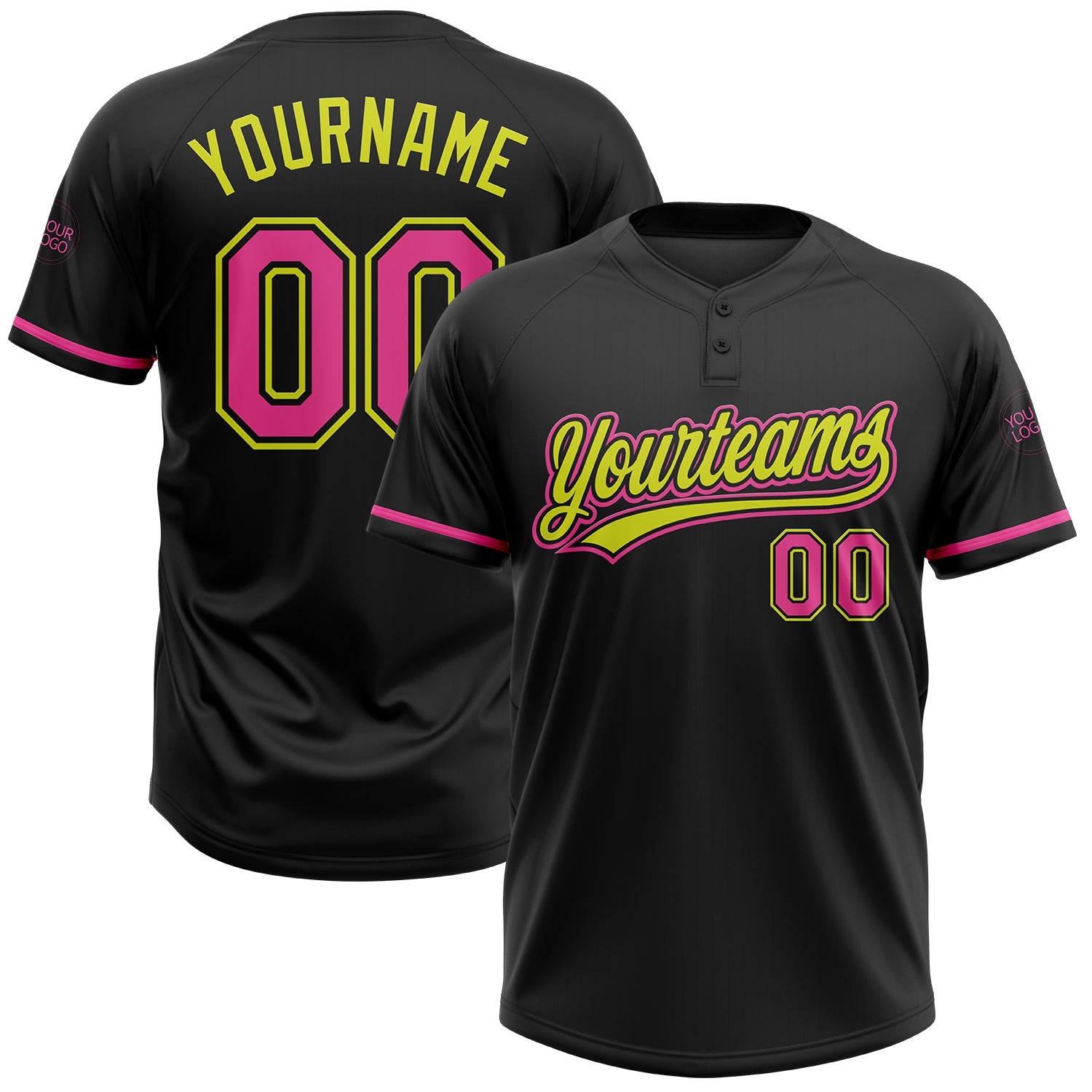 Custom Black Pink-Neon Yellow Two-Button Unisex Softball Jersey - Main View