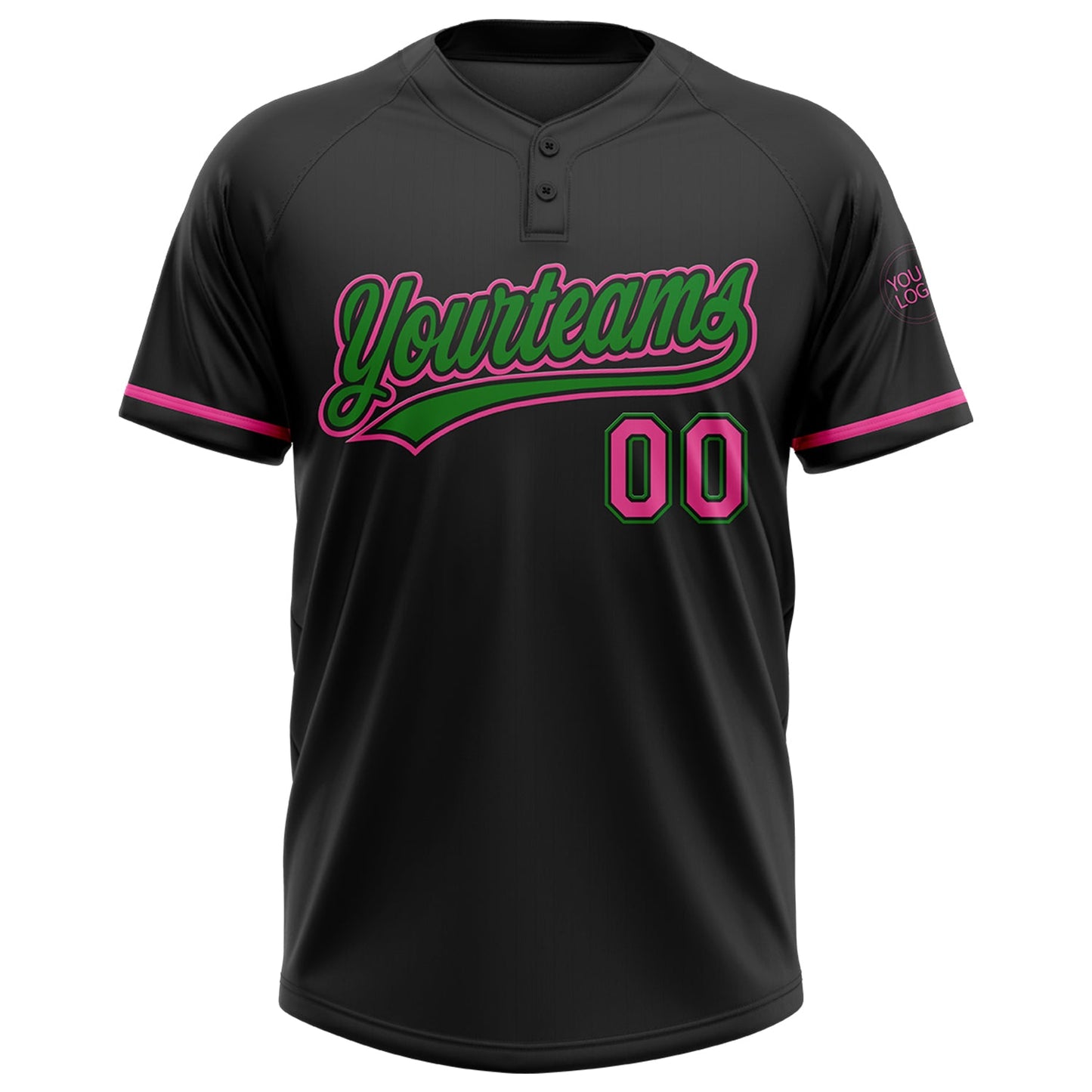 Custom Black Pink-Grass Green Two-Button Unisex Softball Jersey view 2